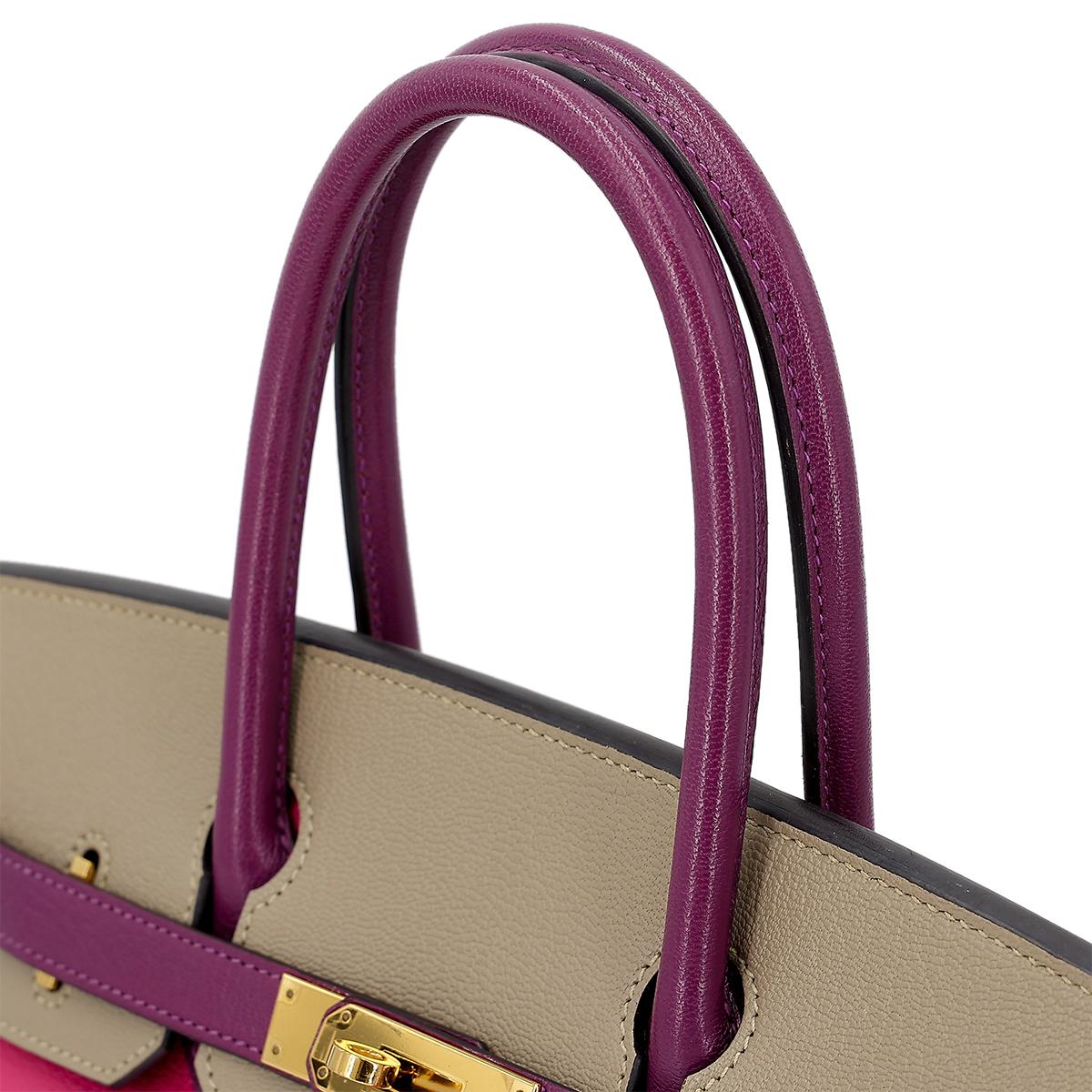 Good ( Rank AB) HERMÈS Special Order Birkin 30 Anemone (P9) Gris Tourterelle (81) Rose Shocking (5R) Chevre Gold hardware X (2016) - 6