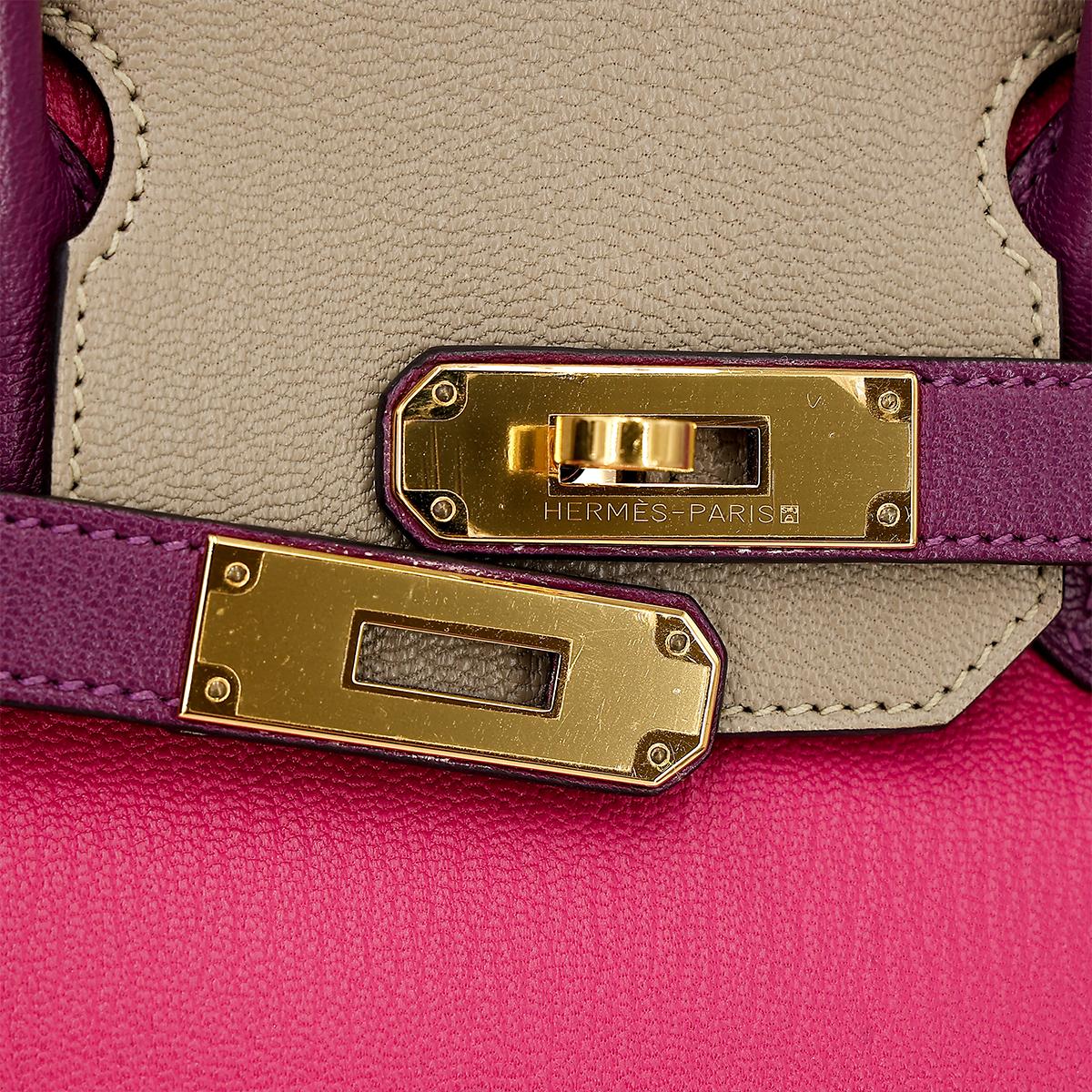 Good ( Rank AB) HERMÈS Special Order Birkin 30 Anemone (P9) Gris Tourterelle (81) Rose Shocking (5R) Chevre Gold hardware X (2016) - 15