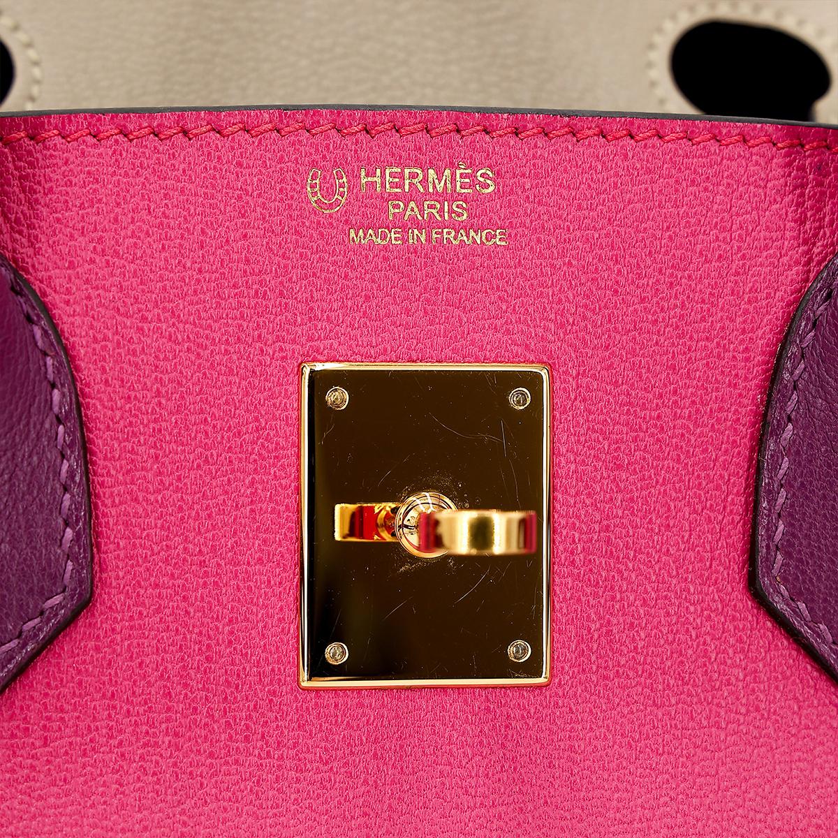 Good ( Rank AB) HERMÈS Special Order Birkin 30 Anemone (P9) Gris Tourterelle (81) Rose Shocking (5R) Chevre Gold hardware X (2016) - 17