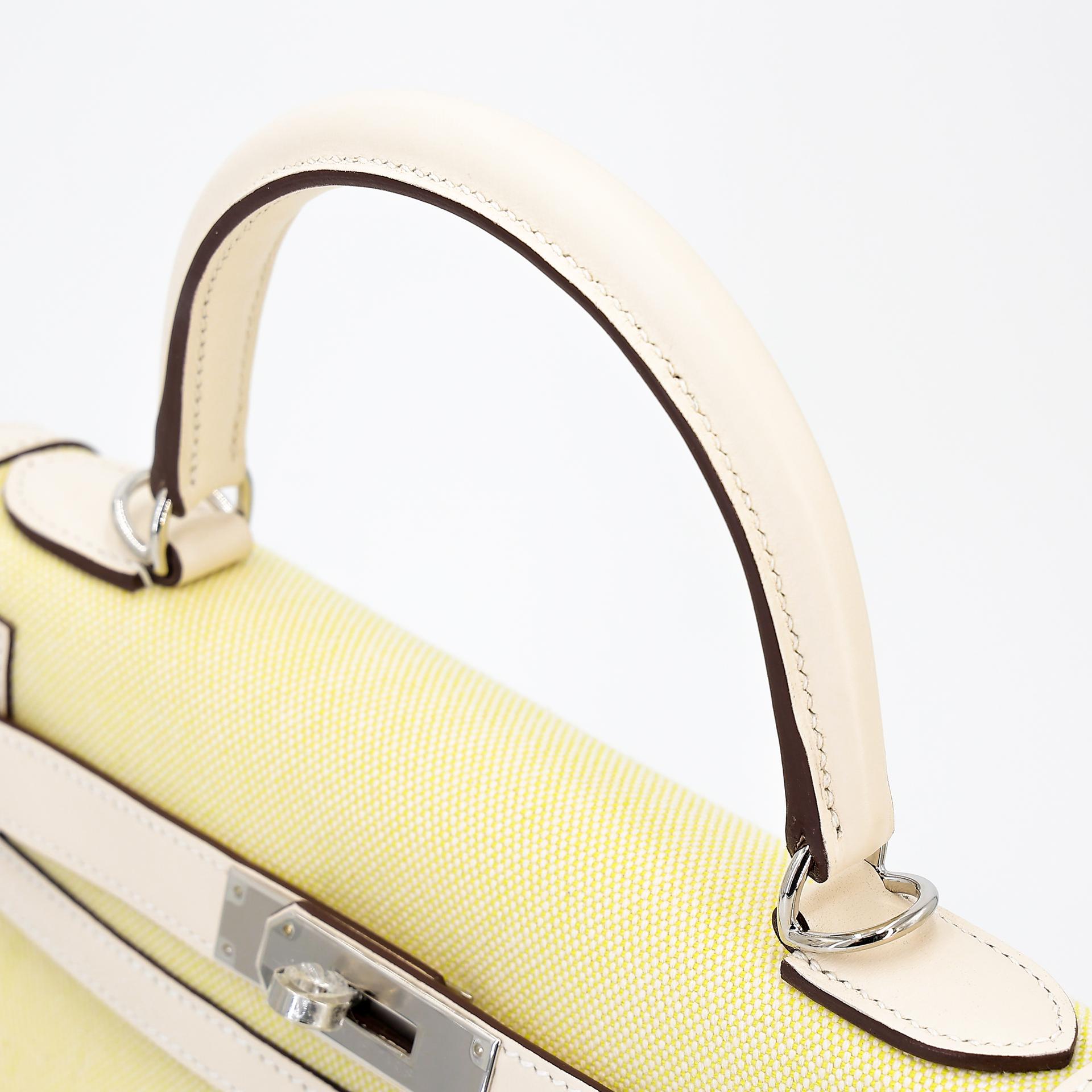 Excellent ( Rank SA ) HERMÈS Kelly 28 Sellier Jaune Citron (9N) Nata (I2) Swift Canvas Palladium hardware U (2022) - 3