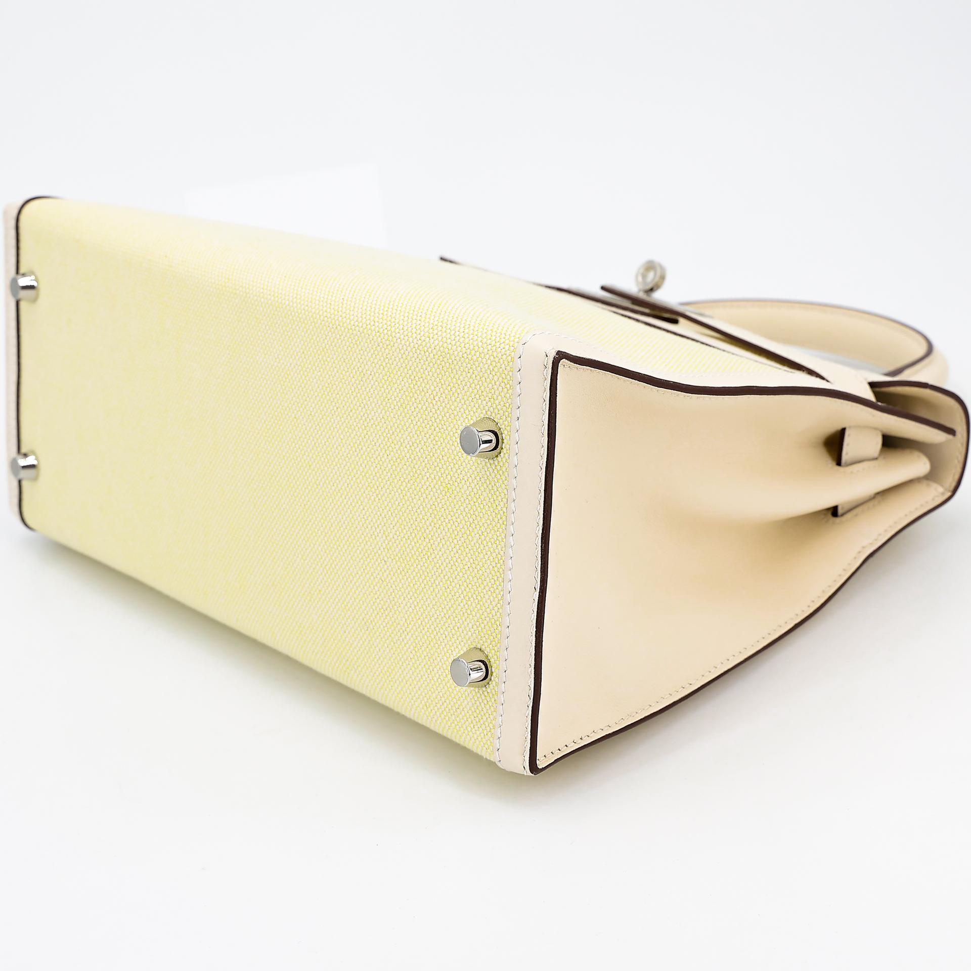 Excellent ( Rank SA ) HERMÈS Kelly 28 Sellier Jaune Citron (9N) Nata (I2) Swift Canvas Palladium hardware U (2022) - 5