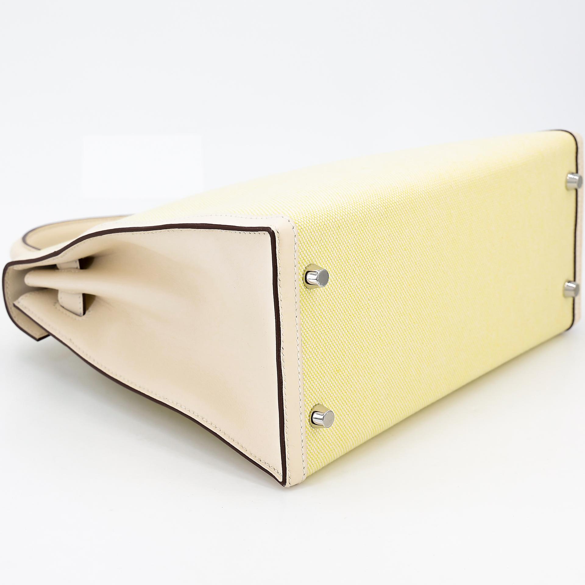 Excellent ( Rank SA ) HERMÈS Kelly 28 Sellier Jaune Citron (9N) Nata (I2) Swift Canvas Palladium hardware U (2022) - 6