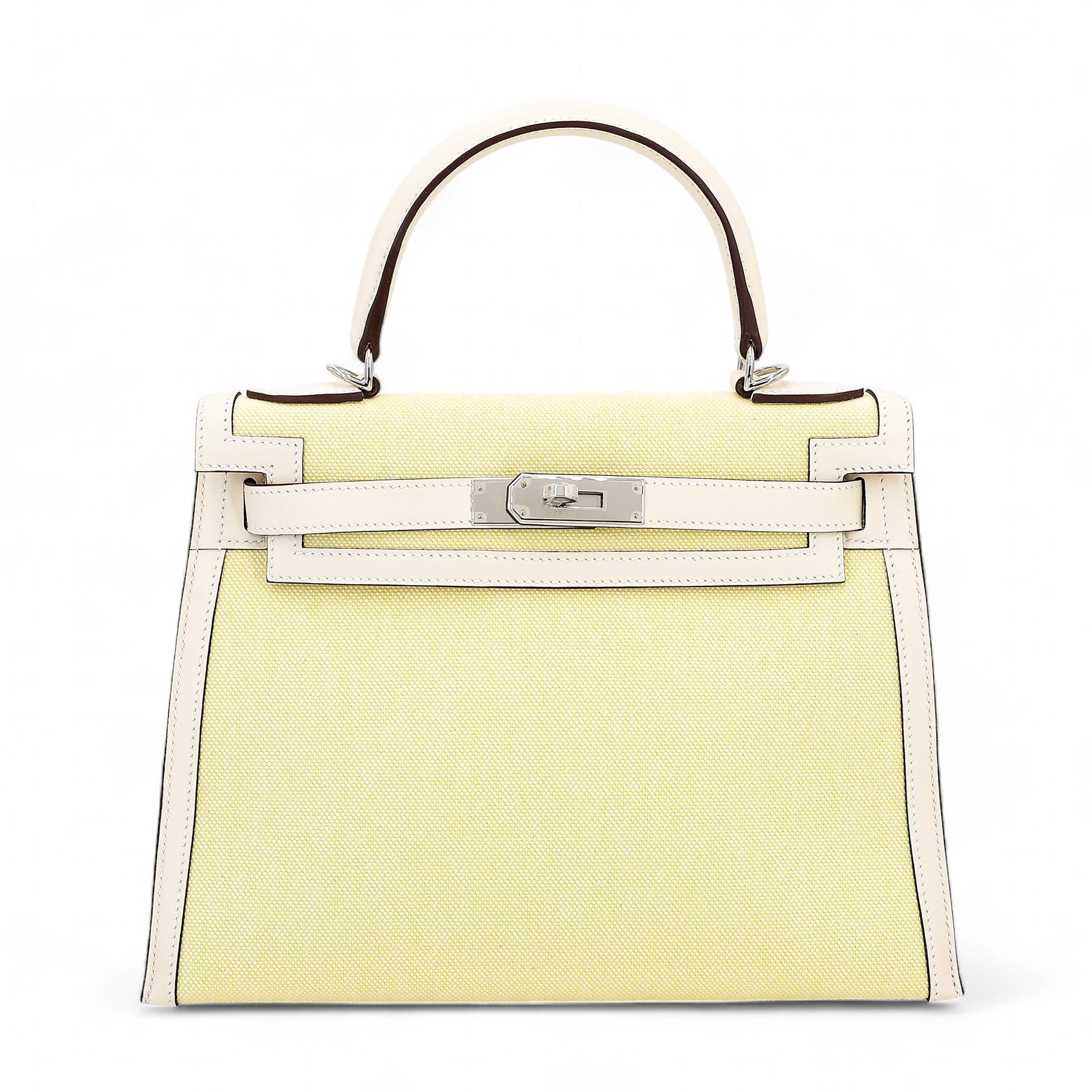 Excellent ( Rank SA ) HERMÈS Kelly 28 Sellier Jaune Citron (9N) Nata (I2) Swift Canvas Palladium hardware U (2022) - 1