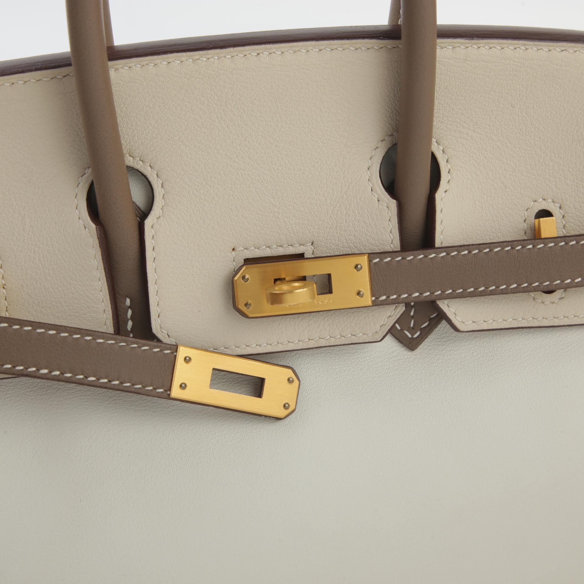 Very Good ( Rank A) HERMÈS Special Order Birkin 25 HSS Etoupe (18) Parchemin (3C) White (01) Swift Brushed Gold hardware Square R (2014) - 9