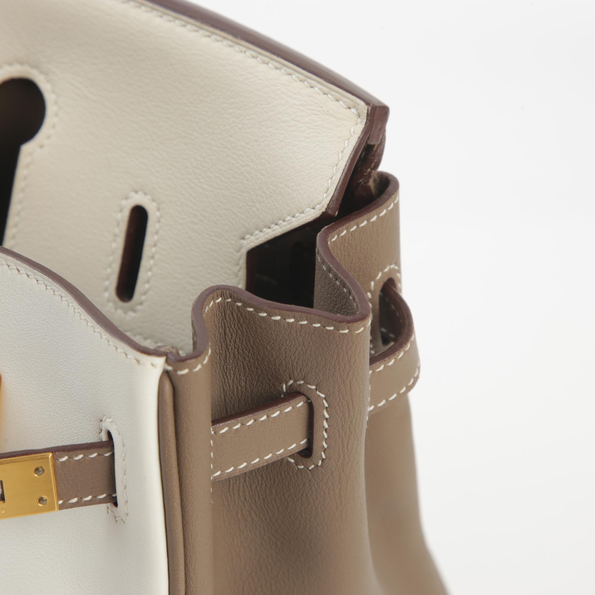 Very Good ( Rank A) HERMÈS Special Order Birkin 25 HSS Etoupe (18) Parchemin (3C) White (01) Swift Brushed Gold hardware Square R (2014) - 14