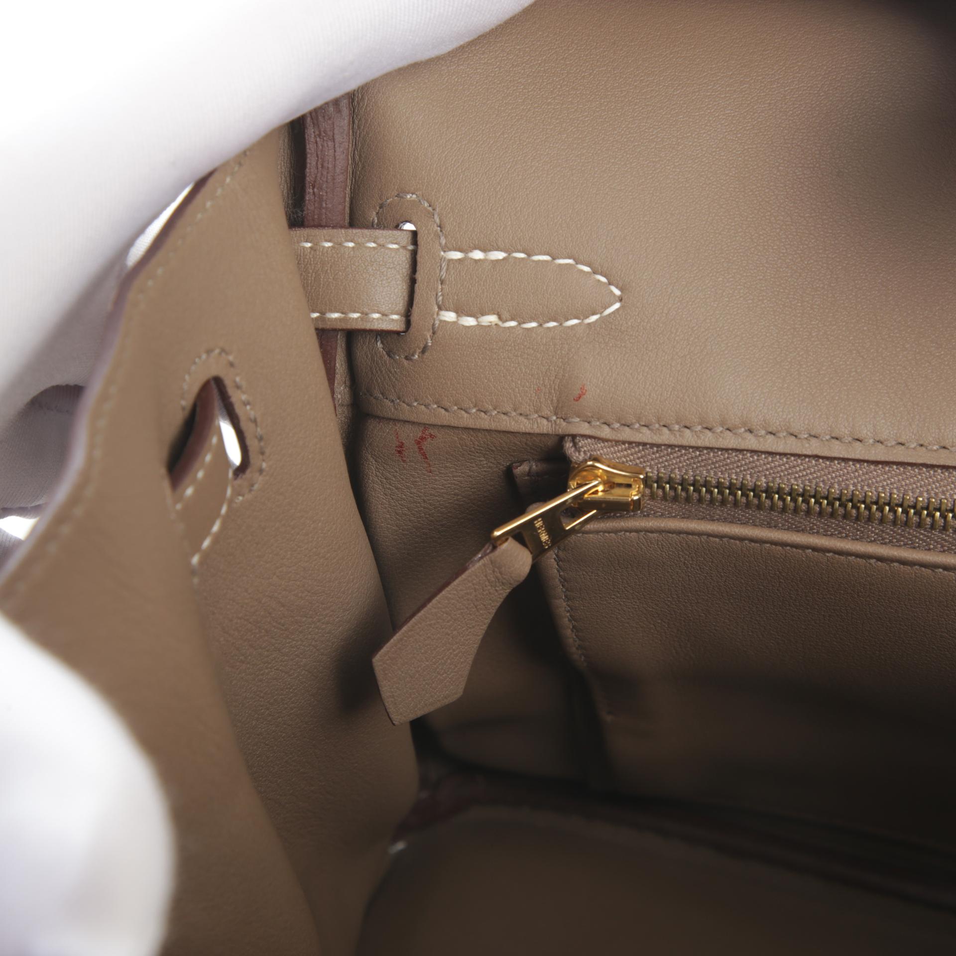 Very Good ( Rank A) HERMÈS Special Order Birkin 25 HSS Etoupe (18) Parchemin (3C) White (01) Swift Brushed Gold hardware Square R (2014) - 13
