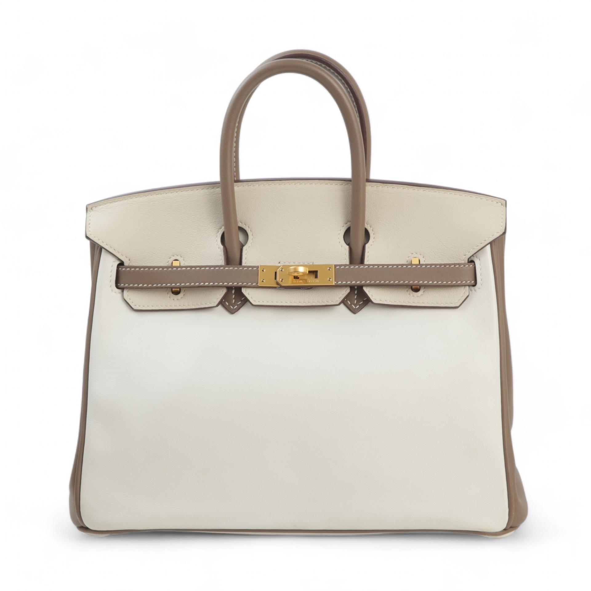 Very Good ( Rank A) HERMÈS Special Order Birkin 25 HSS Etoupe (18) Parchemin (3C) White (01) Swift Brushed Gold hardware Square R (2014) - 1