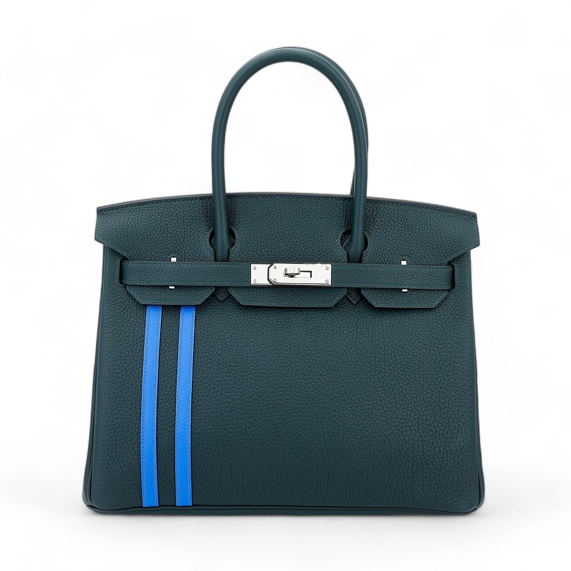 Excellent ( Rank SA ) HERMÈS Limited Edition Birkin 30 Officer Bleu Zellige (I7) Vert Cypress (6O) Togo Palladium hardware C (2018) - 1