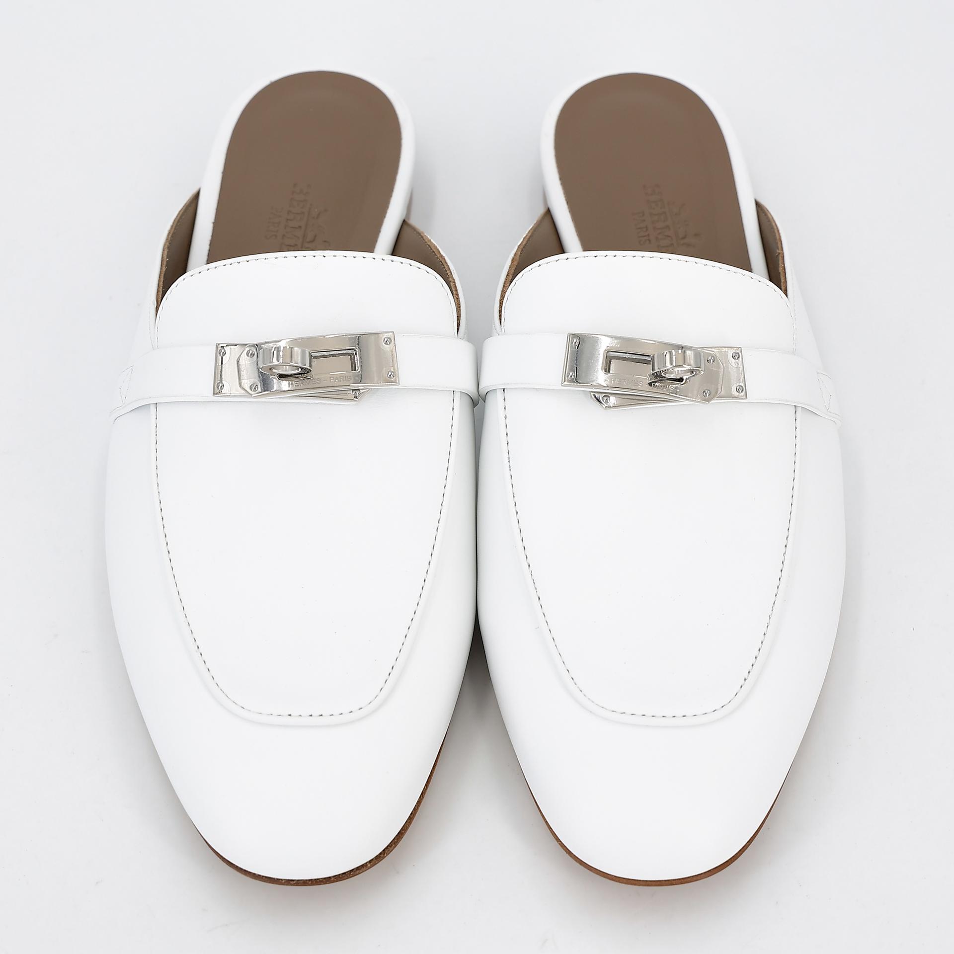 Brand New ( Rank N ) HERMÈS Sandals Oz mule White (01) Calfskin Palladium hardware B (2023) - 2