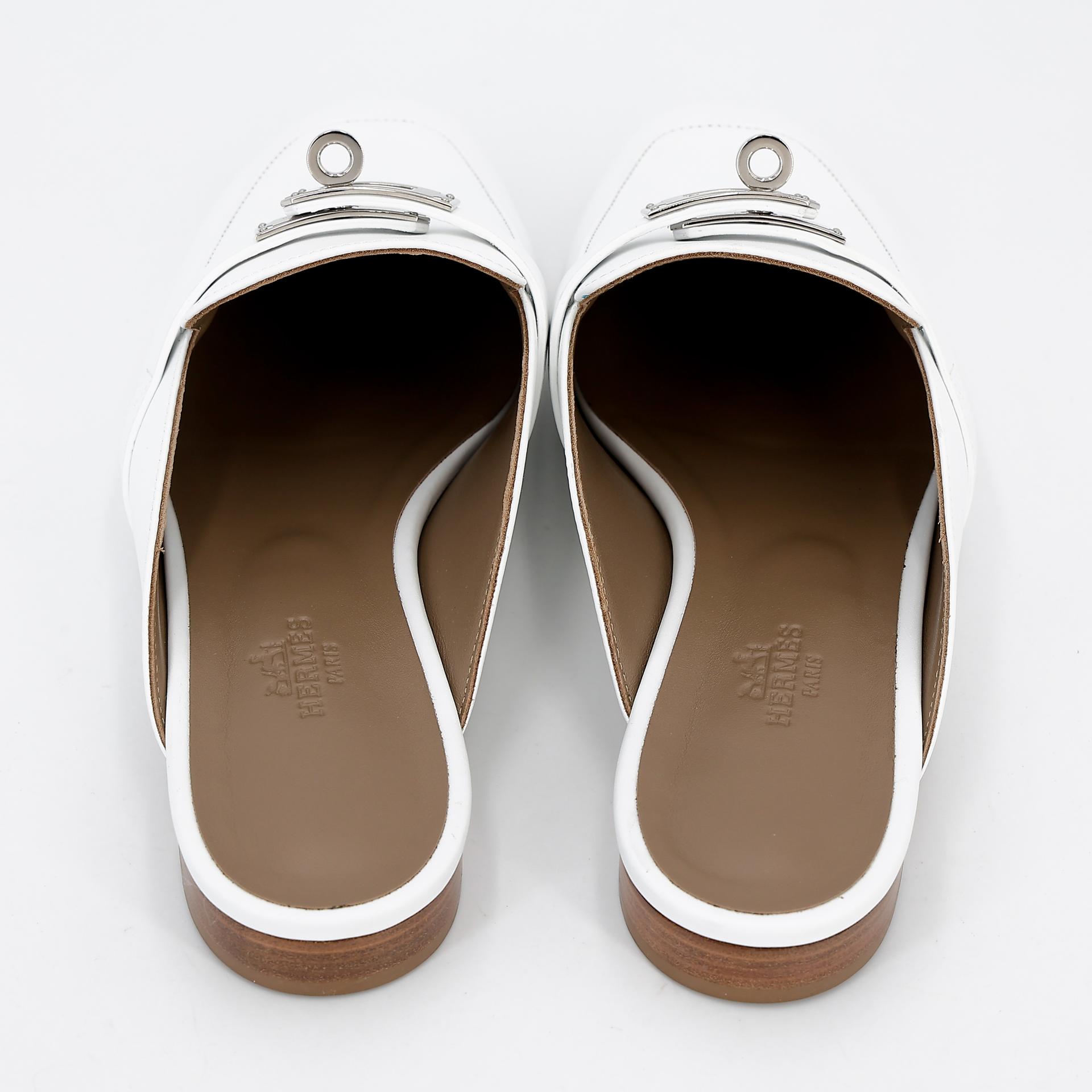 Brand New ( Rank N ) HERMÈS Sandals Oz mule White (01) Calfskin Palladium hardware B (2023) - 3