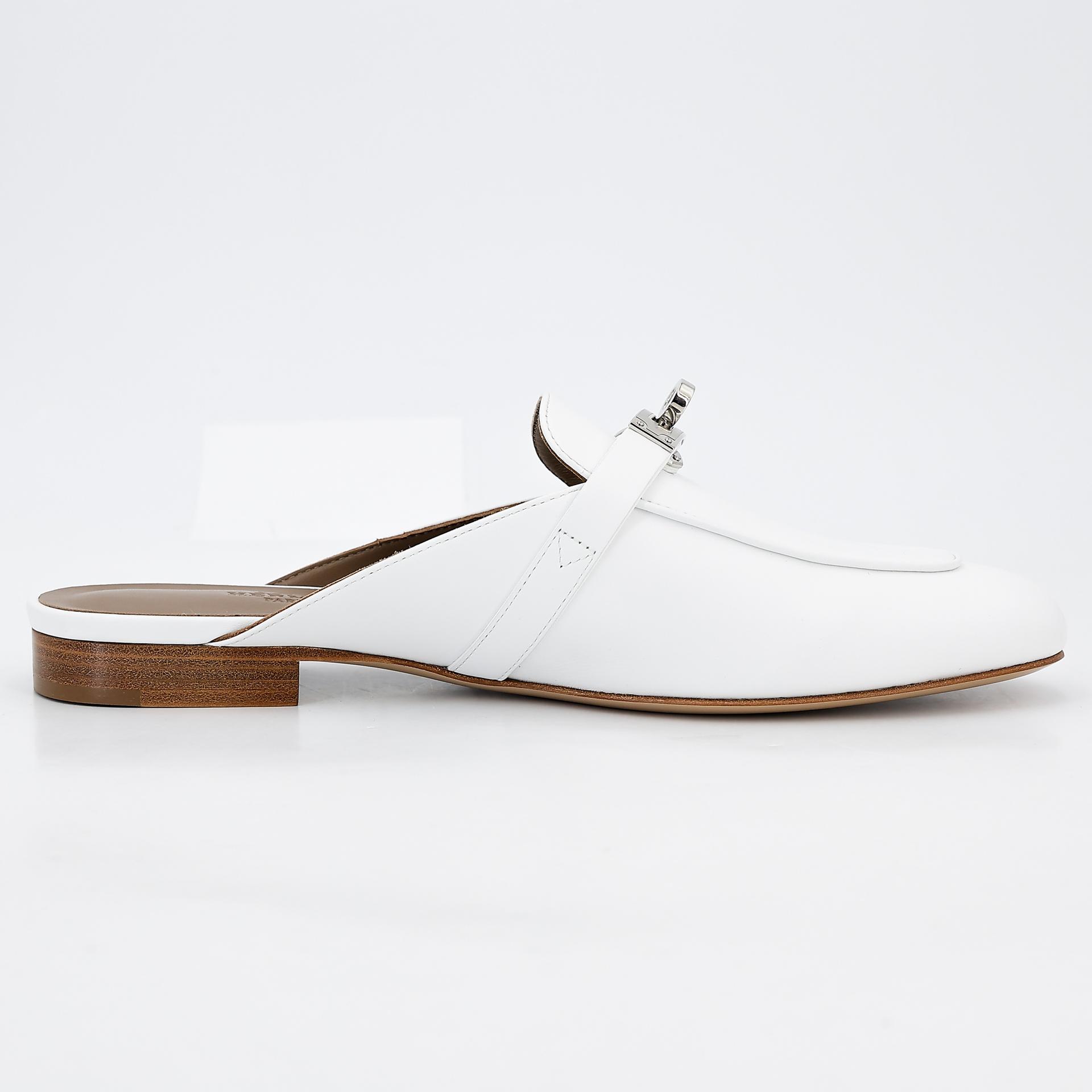 Brand New ( Rank N ) HERMÈS Sandals Oz mule White (01) Calfskin Palladium hardware B (2023) - 5