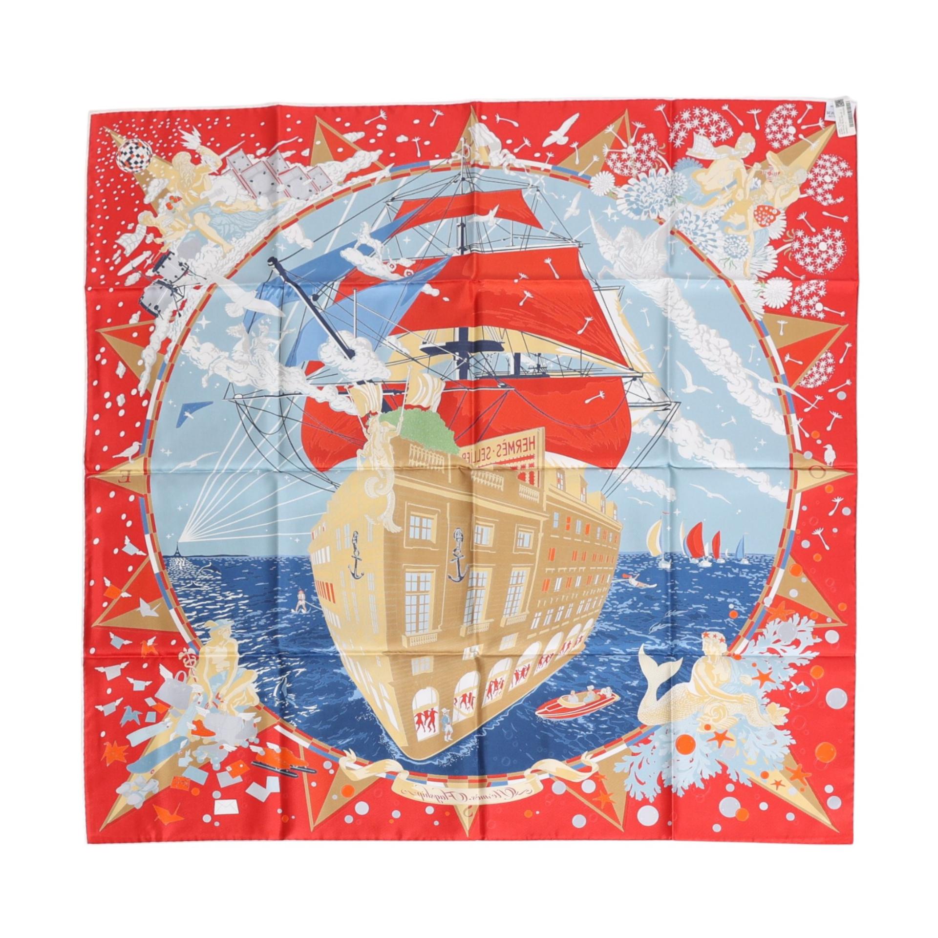 Brand New ( Rank N ) HERMÈS Carre 90 scarf Flagship Blue Red Silk - 2