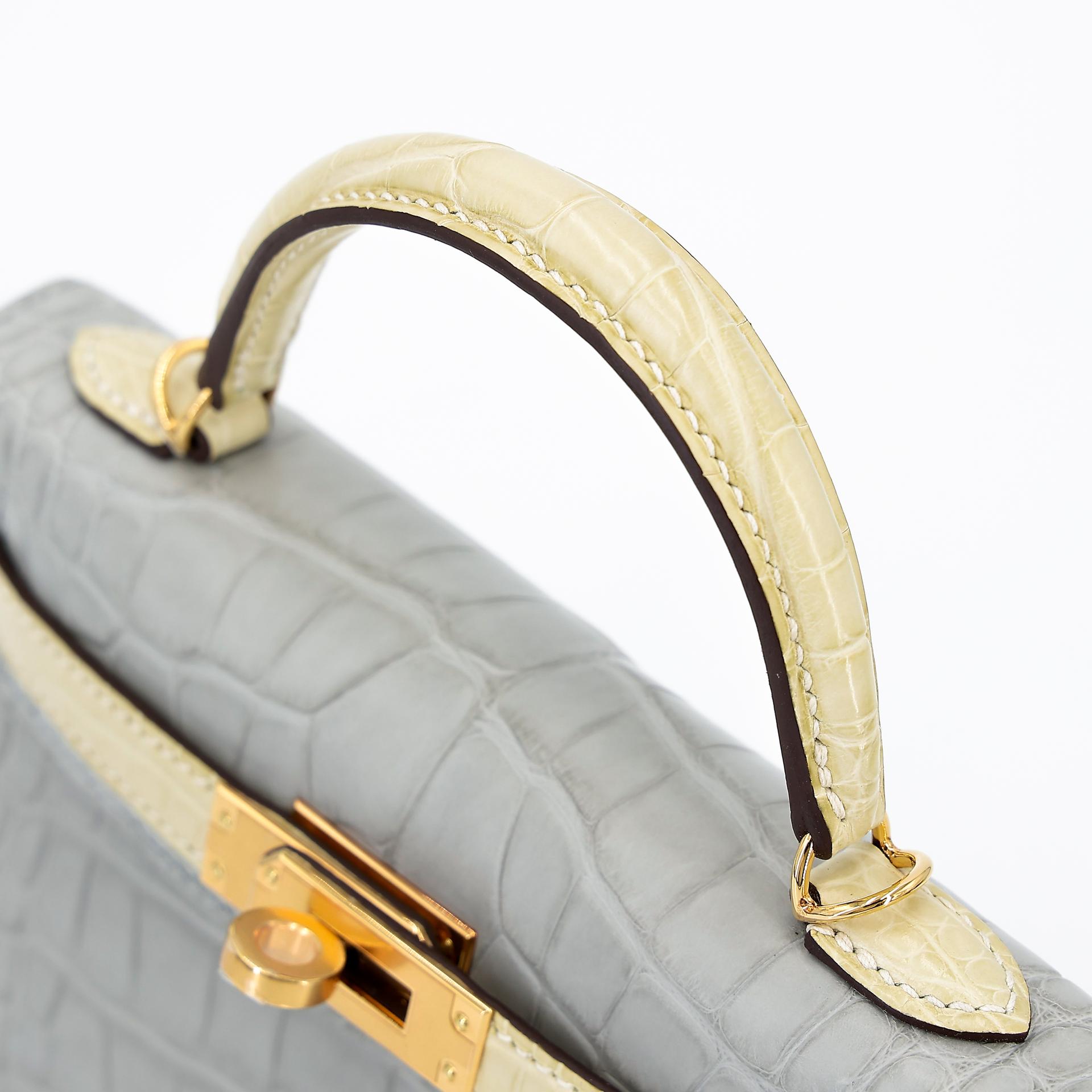 Brand New ( Rank N ) HERMÈS Special Order Mini Kelly II HSS Gris Perle (80) Vanille (Y1) Alligator Gold hardware B (2023) - 3