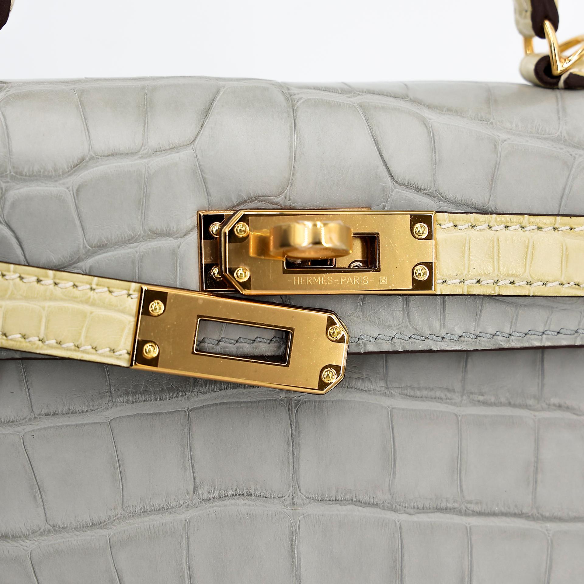 Brand New ( Rank N ) HERMÈS Special Order Mini Kelly II HSS Gris Perle (80) Vanille (Y1) Alligator Gold hardware B (2023) - 8