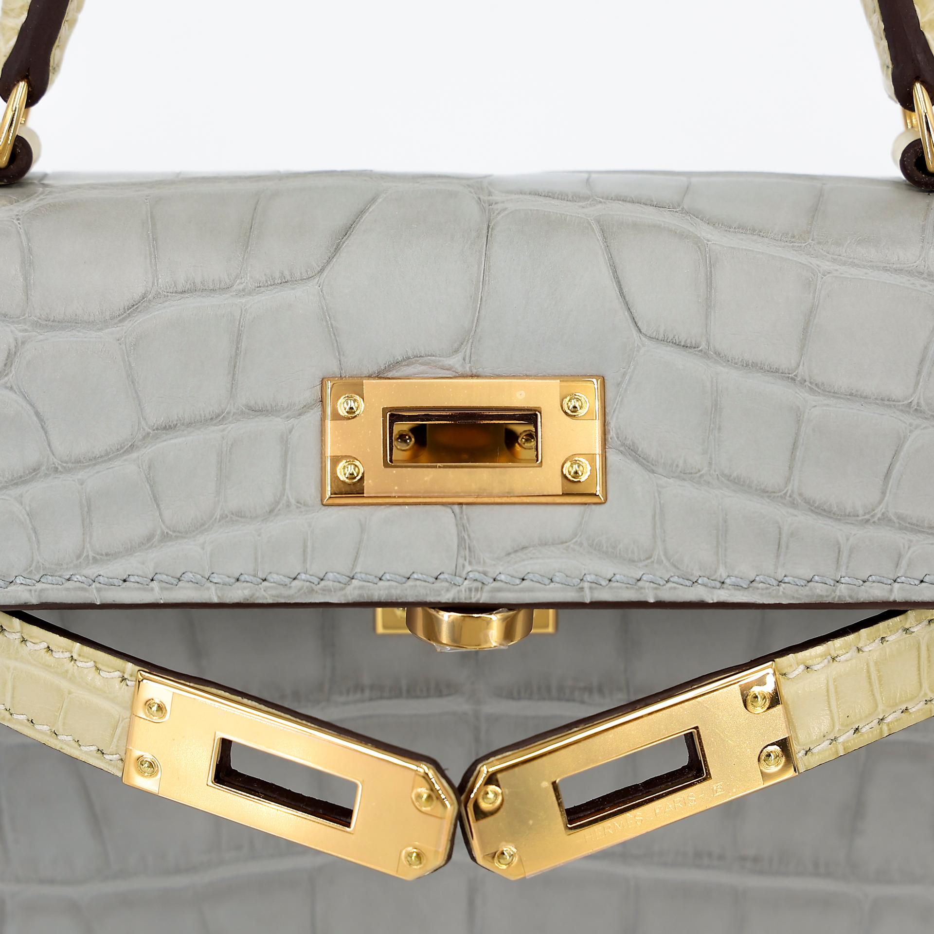 Brand New ( Rank N ) HERMÈS Special Order Mini Kelly II HSS Gris Perle (80) Vanille (Y1) Alligator Gold hardware B (2023) - 9