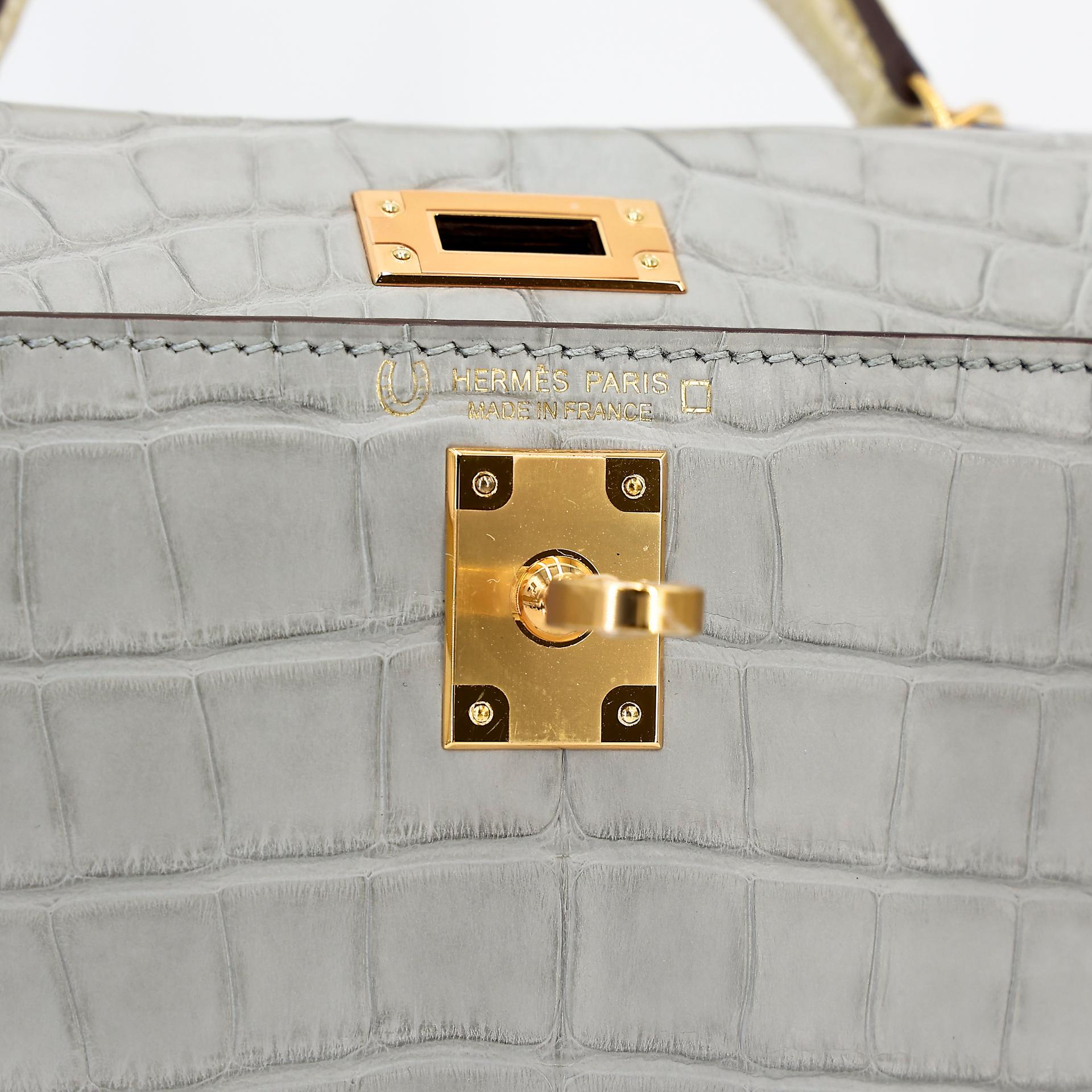Brand New ( Rank N ) HERMÈS Special Order Mini Kelly II HSS Gris Perle (80) Vanille (Y1) Alligator Gold hardware B (2023) - 11