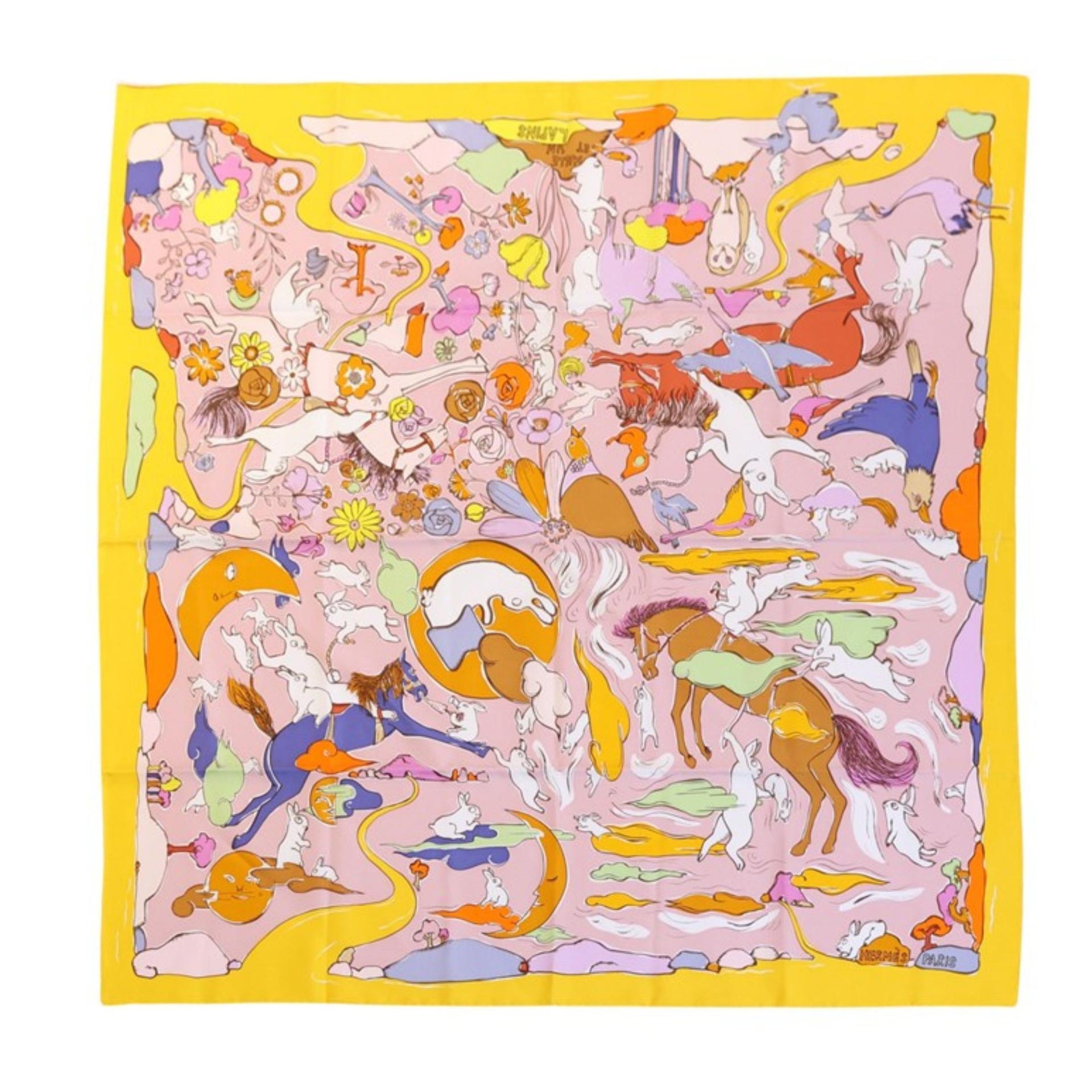 Brand New ( Rank N ) HERMÈS Carre 90 scarf Mille et Un Lapins Yellow Silk - 2