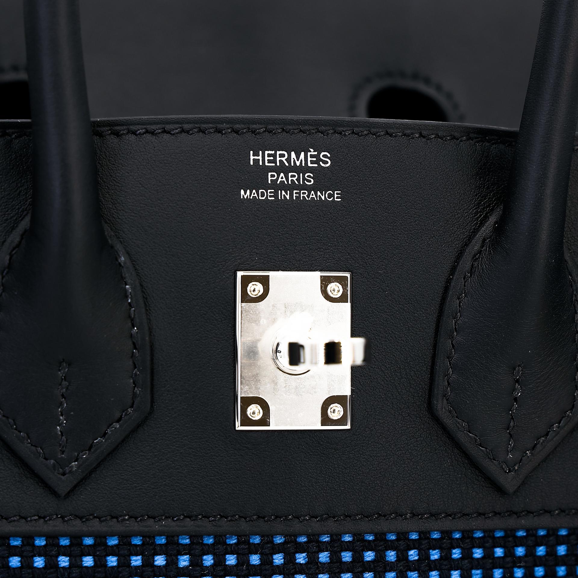Brand New ( Rank N ) HERMÈS Limited Edition Birkin 25 Navy (7U) Black (89) Swift Toile Quadrille canvas Palladium hardware W (2024) - 12