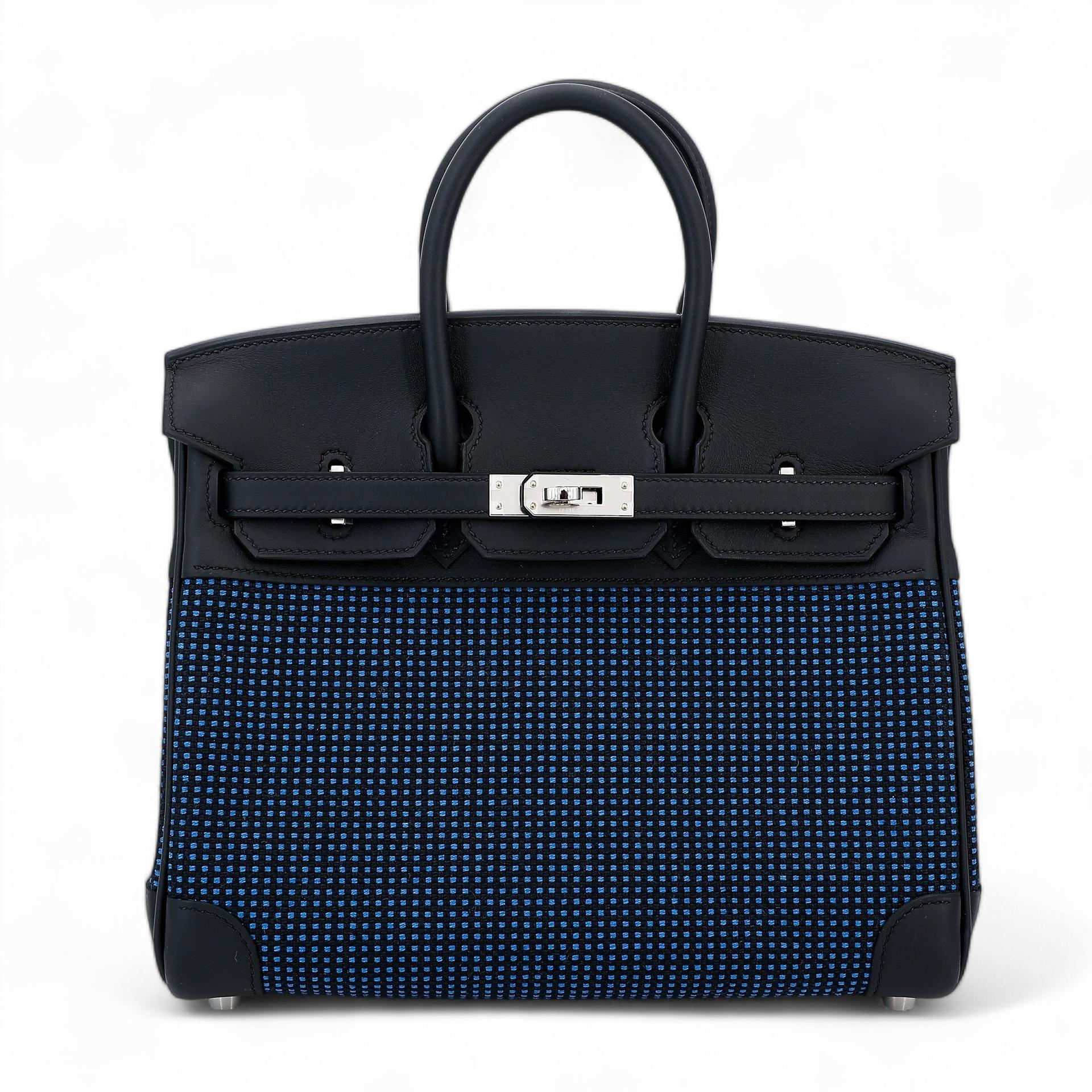 Brand New ( Rank N ) HERMÈS Limited Edition Birkin 25 Navy (7U) Black (89) Swift Toile Quadrille canvas Palladium hardware W (2024) - 1