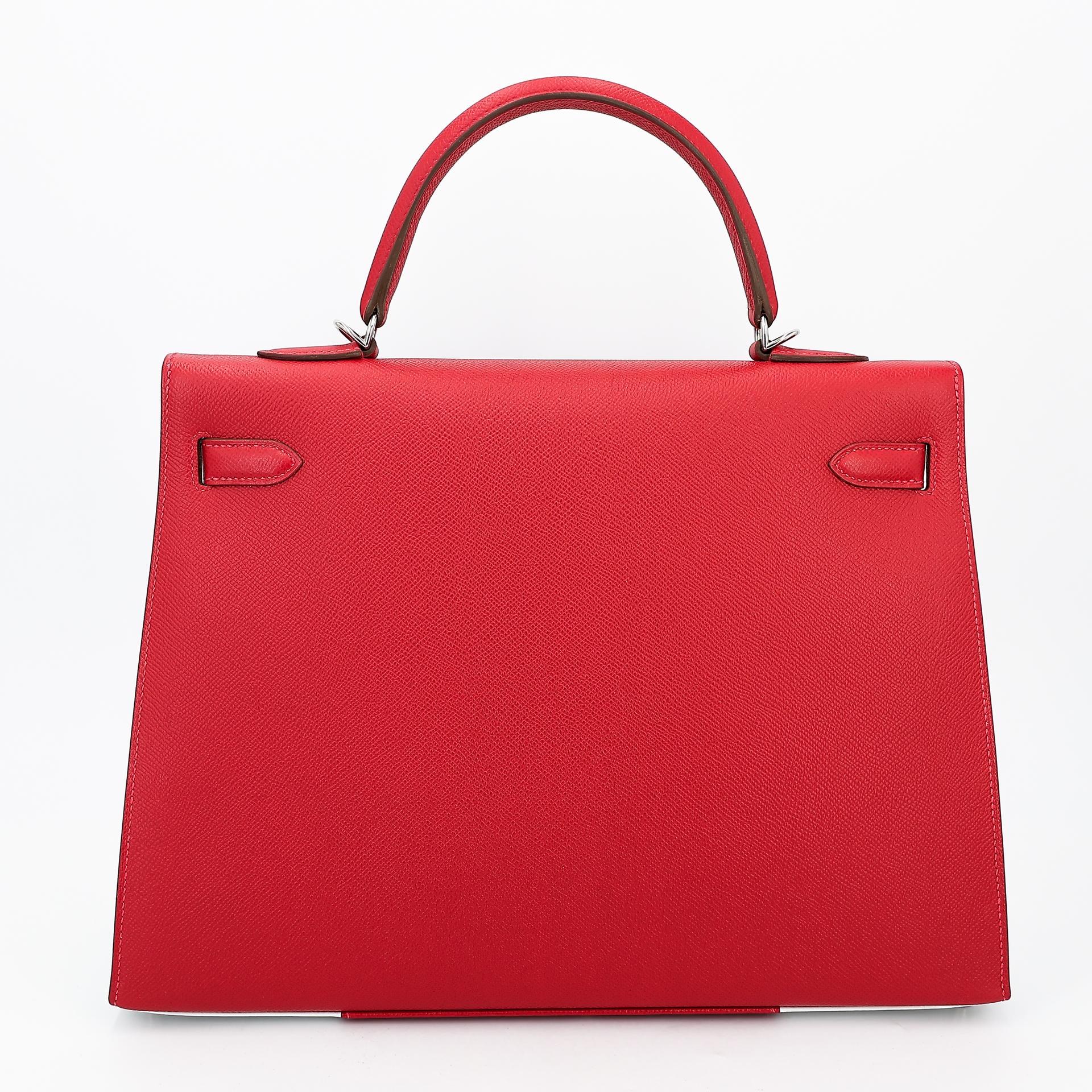 Excellent ( Rank SA ) HERMÈS Limited Edition Kelly 35 Flag Sellier White (01) Rouge Casaque (Q5) Epsom Palladium hardware Square Q (2013) - 2