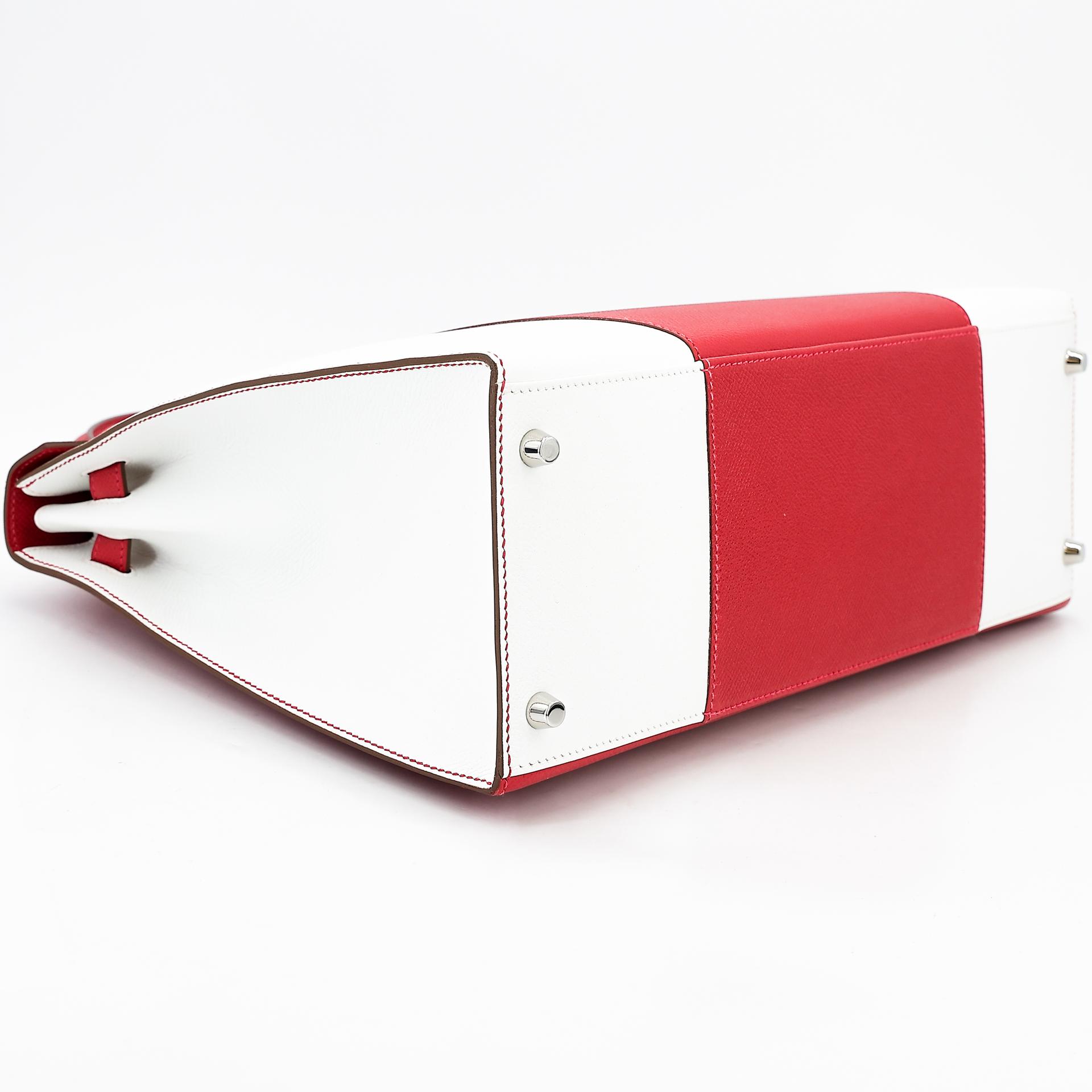 Excellent ( Rank SA ) HERMÈS Limited Edition Kelly 35 Flag Sellier White (01) Rouge Casaque (Q5) Epsom Palladium hardware Square Q (2013) - 5