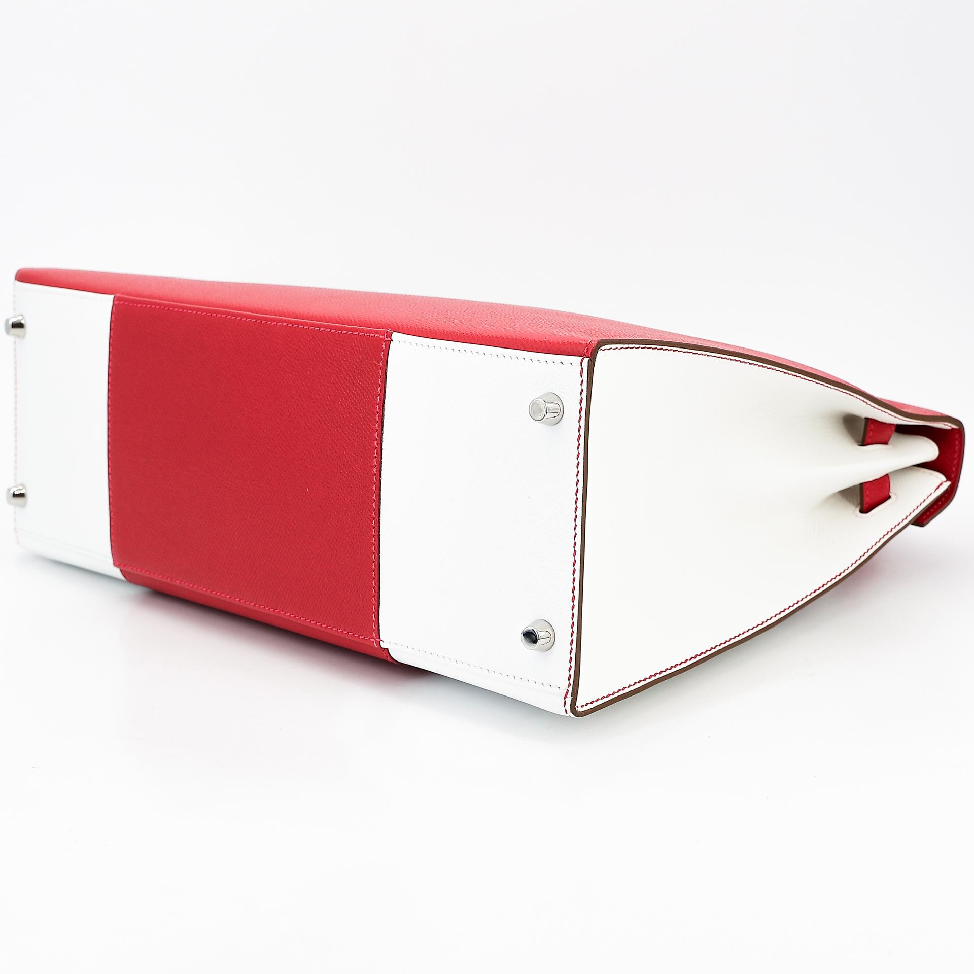 Excellent ( Rank SA ) HERMÈS Limited Edition Kelly 35 Flag Sellier White (01) Rouge Casaque (Q5) Epsom Palladium hardware Square Q (2013) - 6