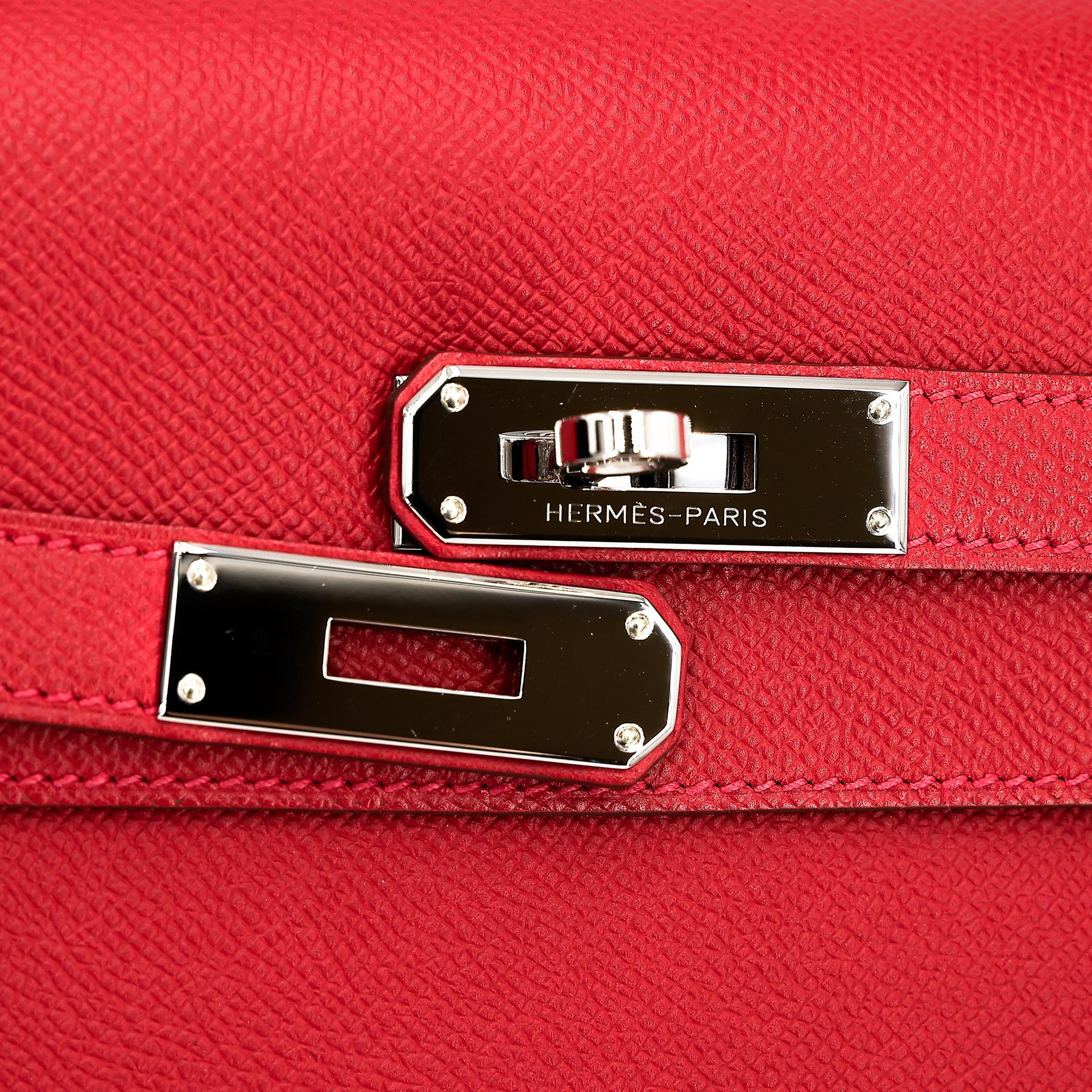 Excellent ( Rank SA ) HERMÈS Limited Edition Kelly 35 Flag Sellier White (01) Rouge Casaque (Q5) Epsom Palladium hardware Square Q (2013) - 11