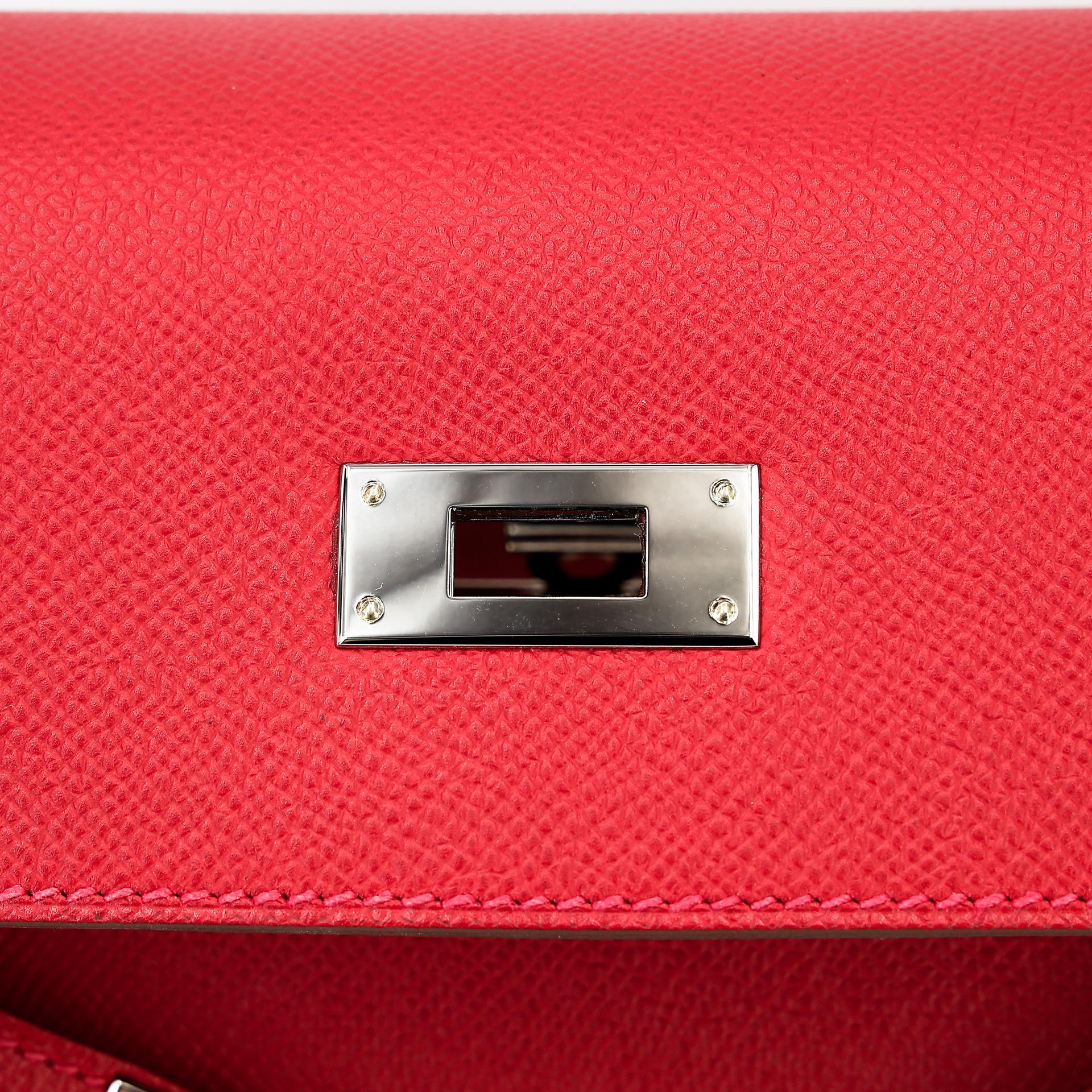 Excellent ( Rank SA ) HERMÈS Limited Edition Kelly 35 Flag Sellier White (01) Rouge Casaque (Q5) Epsom Palladium hardware Square Q (2013) - 15