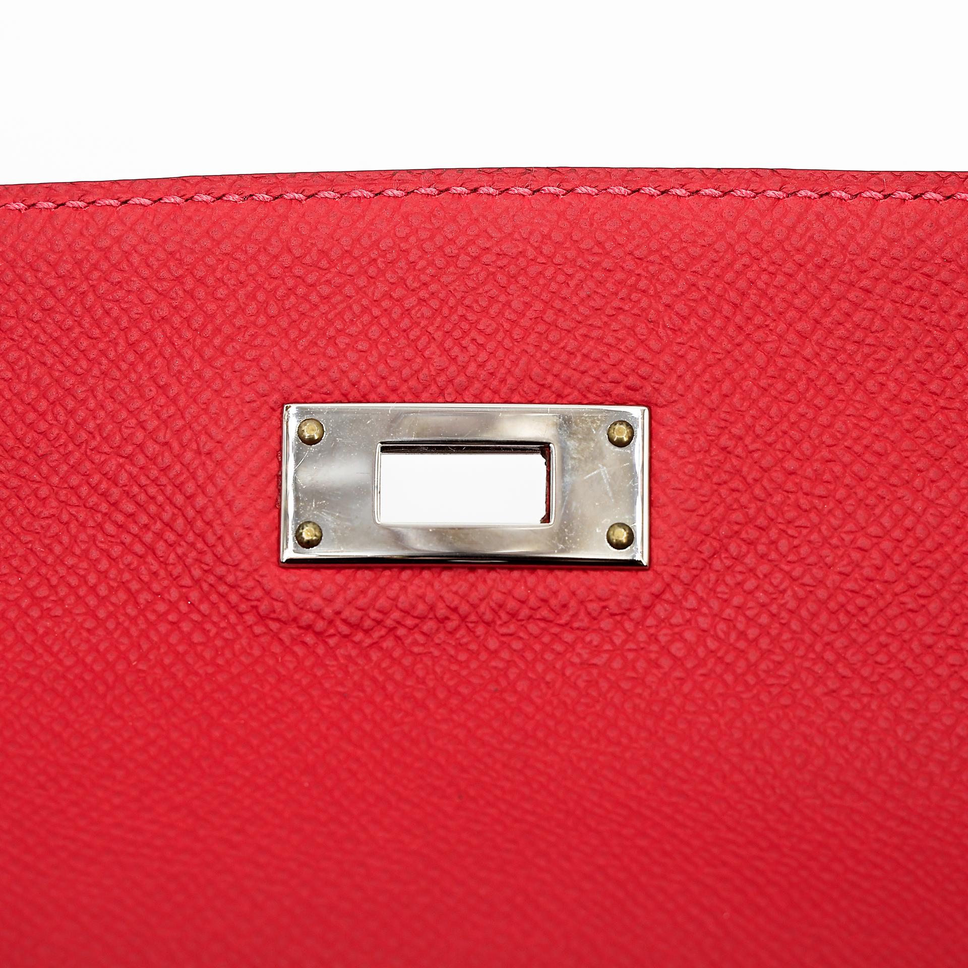 Excellent ( Rank SA ) HERMÈS Limited Edition Kelly 35 Flag Sellier White (01) Rouge Casaque (Q5) Epsom Palladium hardware Square Q (2013) - 16