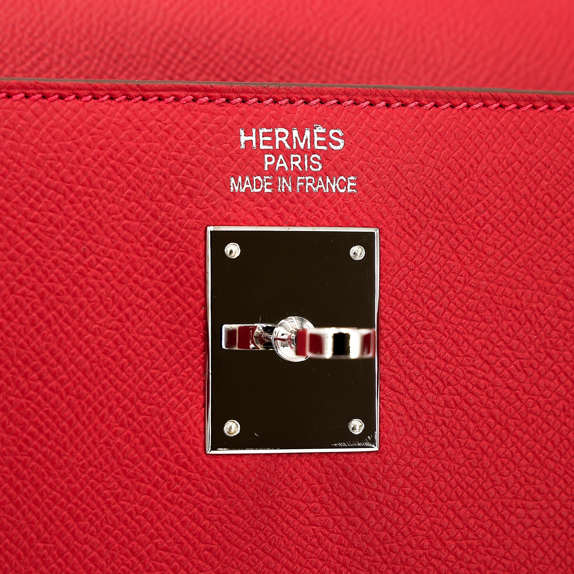Excellent ( Rank SA ) HERMÈS Limited Edition Kelly 35 Flag Sellier White (01) Rouge Casaque (Q5) Epsom Palladium hardware Square Q (2013) - 17