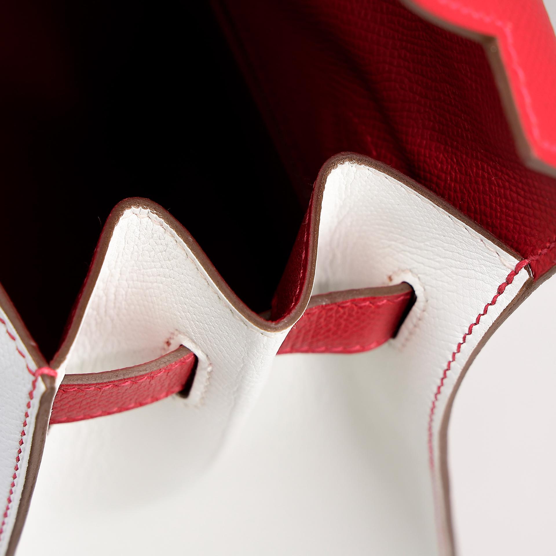 Excellent ( Rank SA ) HERMÈS Limited Edition Kelly 35 Flag Sellier White (01) Rouge Casaque (Q5) Epsom Palladium hardware Square Q (2013) - 18