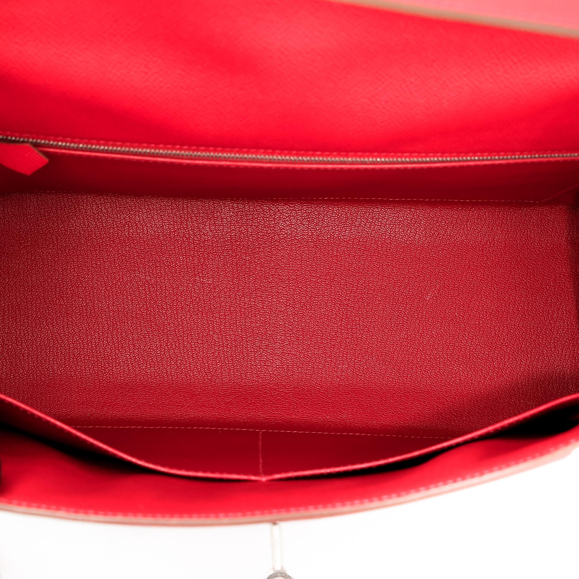 Excellent ( Rank SA ) HERMÈS Limited Edition Kelly 35 Flag Sellier White (01) Rouge Casaque (Q5) Epsom Palladium hardware Square Q (2013) - 24