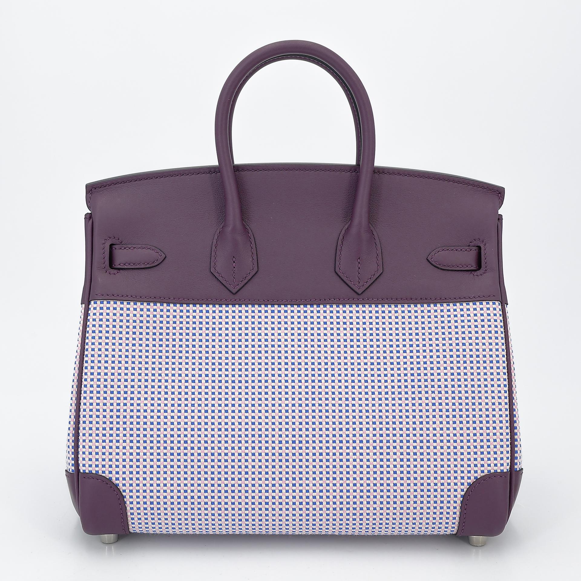 Unused ( Rank NS ) HERMÈS Limited Edition Birkin 25 Quadrille Ecru Cassis (N5) Mauve Sylvestre (X9) Swift Toile Quadrille canvas Palladium hardware B (2023) - 2