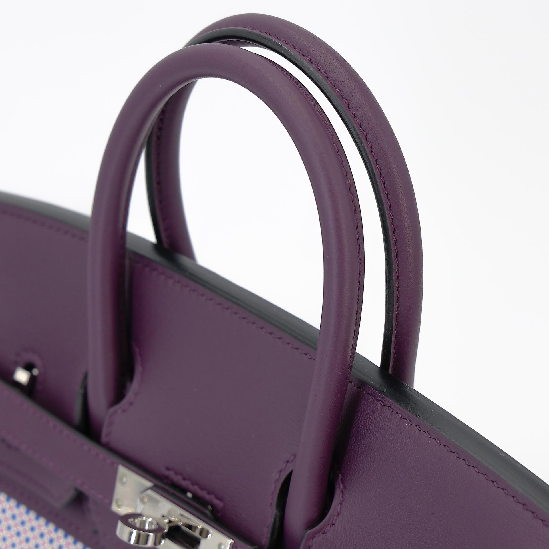 Unused ( Rank NS ) HERMÈS Limited Edition Birkin 25 Quadrille Ecru Cassis (N5) Mauve Sylvestre (X9) Swift Toile Quadrille canvas Palladium hardware B (2023) - 3