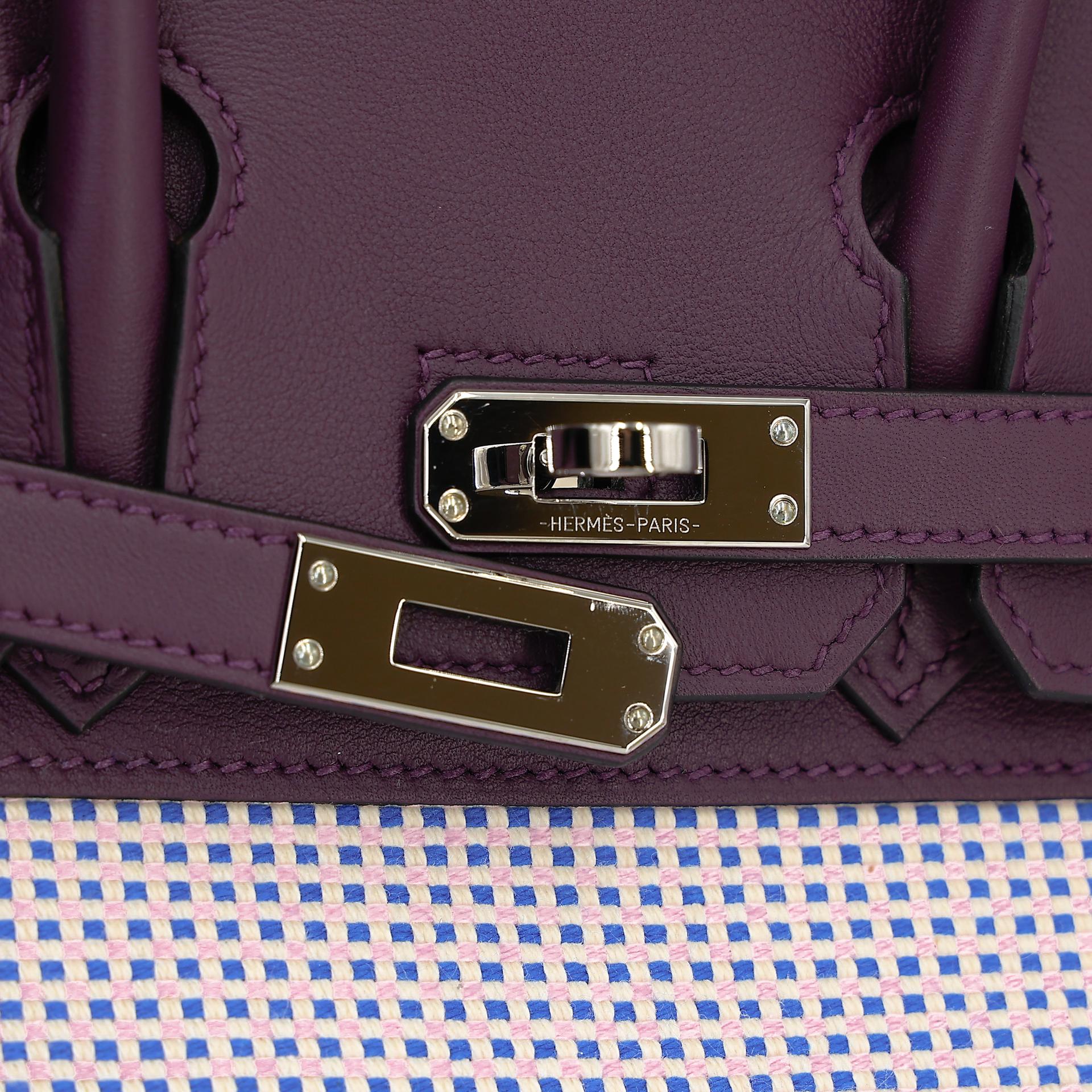 Unused ( Rank NS ) HERMÈS Limited Edition Birkin 25 Quadrille Ecru Cassis (N5) Mauve Sylvestre (X9) Swift Toile Quadrille canvas Palladium hardware B (2023) - 8
