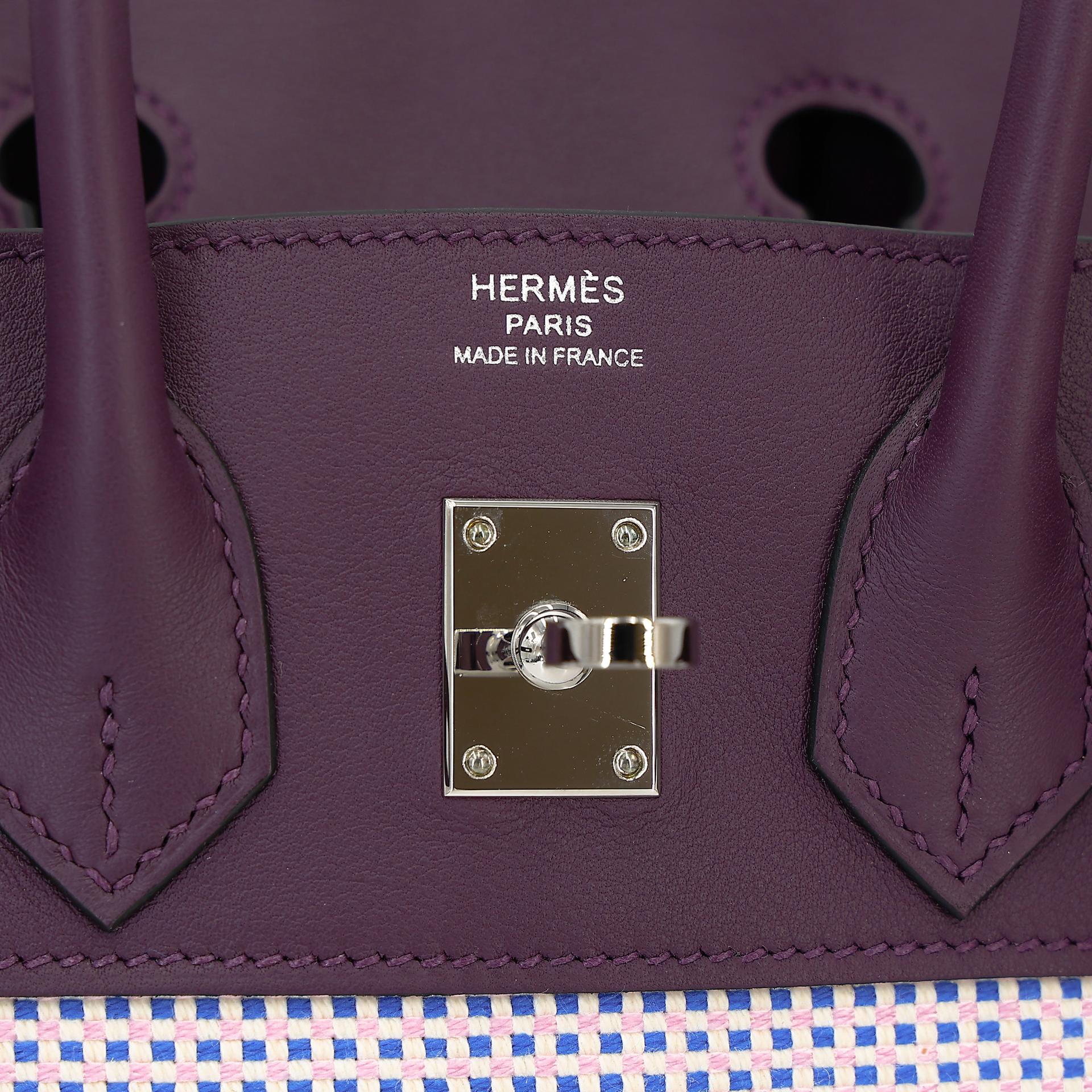 Unused ( Rank NS ) HERMÈS Limited Edition Birkin 25 Quadrille Ecru Cassis (N5) Mauve Sylvestre (X9) Swift Toile Quadrille canvas Palladium hardware B (2023) - 11