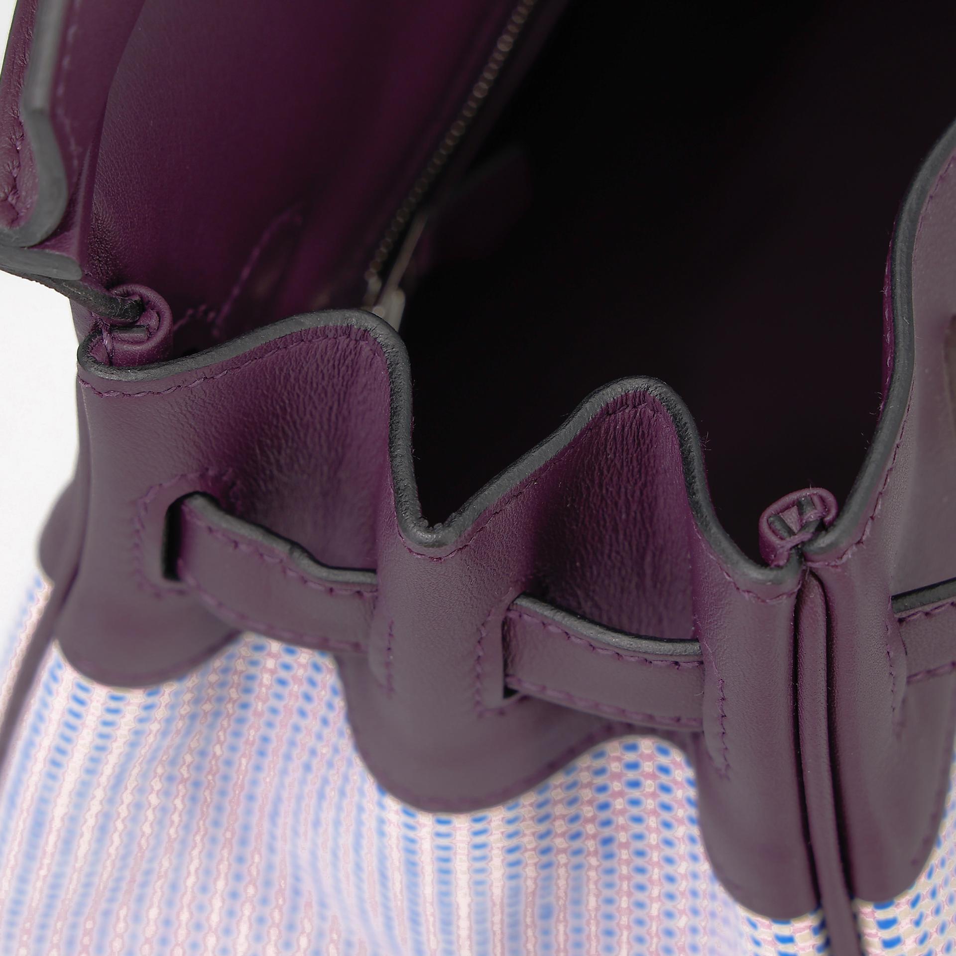 Unused ( Rank NS ) HERMÈS Limited Edition Birkin 25 Quadrille Ecru Cassis (N5) Mauve Sylvestre (X9) Swift Toile Quadrille canvas Palladium hardware B (2023) - 14