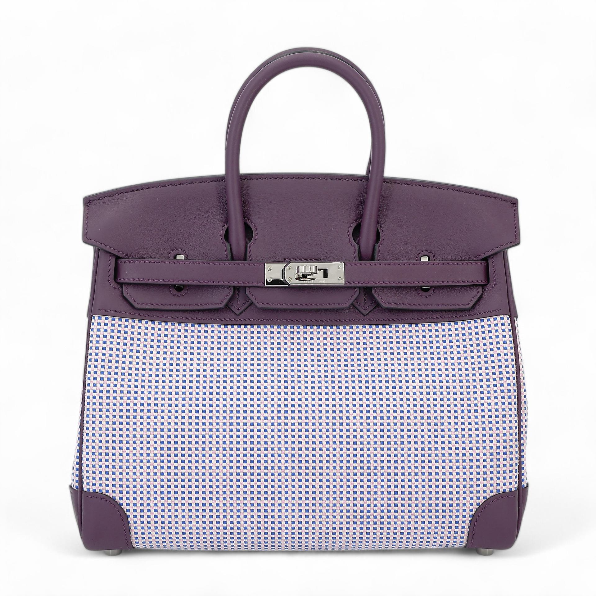Unused ( Rank NS ) HERMÈS Limited Edition Birkin 25 Quadrille Ecru Cassis (N5) Mauve Sylvestre (X9) Swift Toile Quadrille canvas Palladium hardware B (2023) - 1