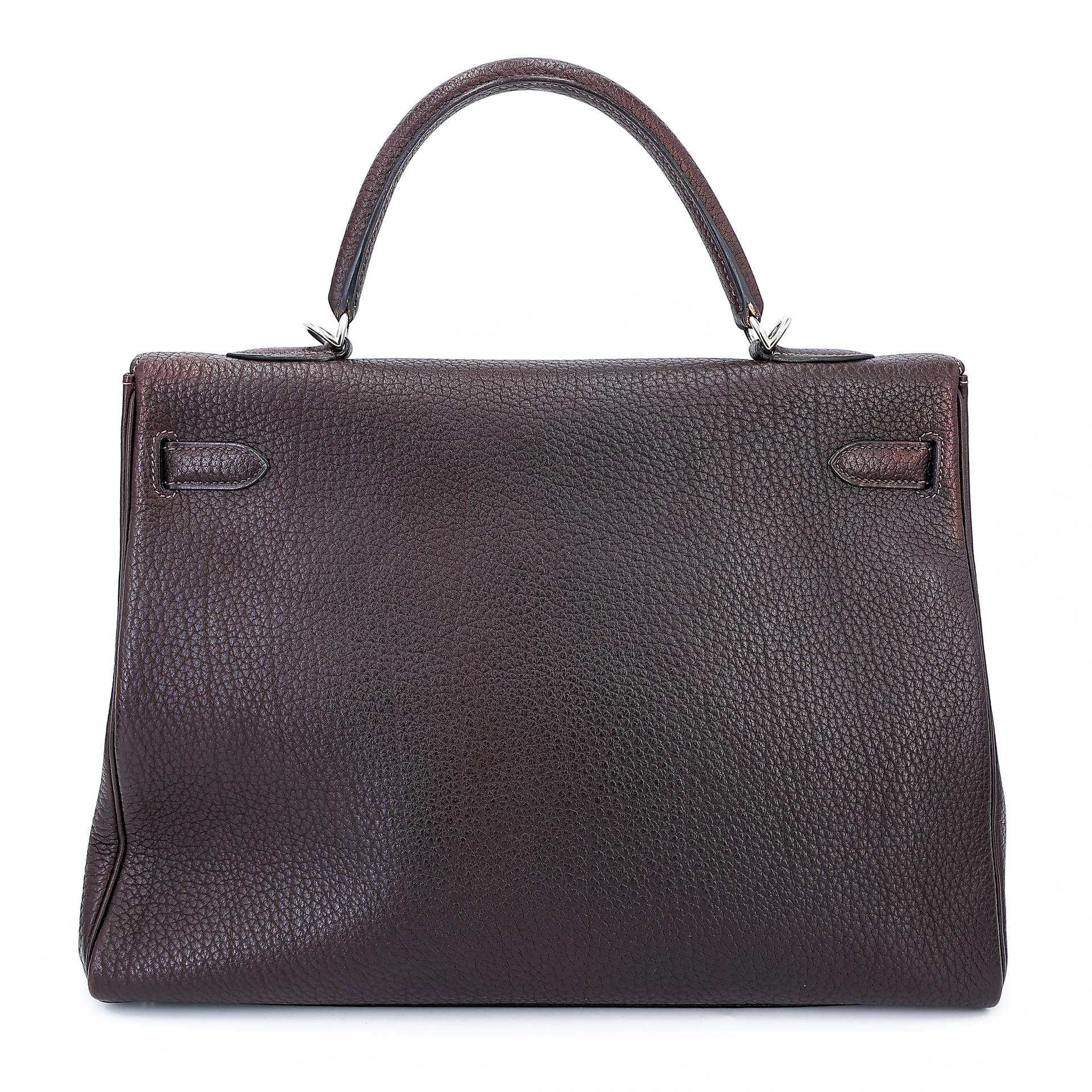 Very Good ( Rank A) HERMÈS Kelly 35 Chocolat (47) Togo Palladium hardware Square F (2002) - 2
