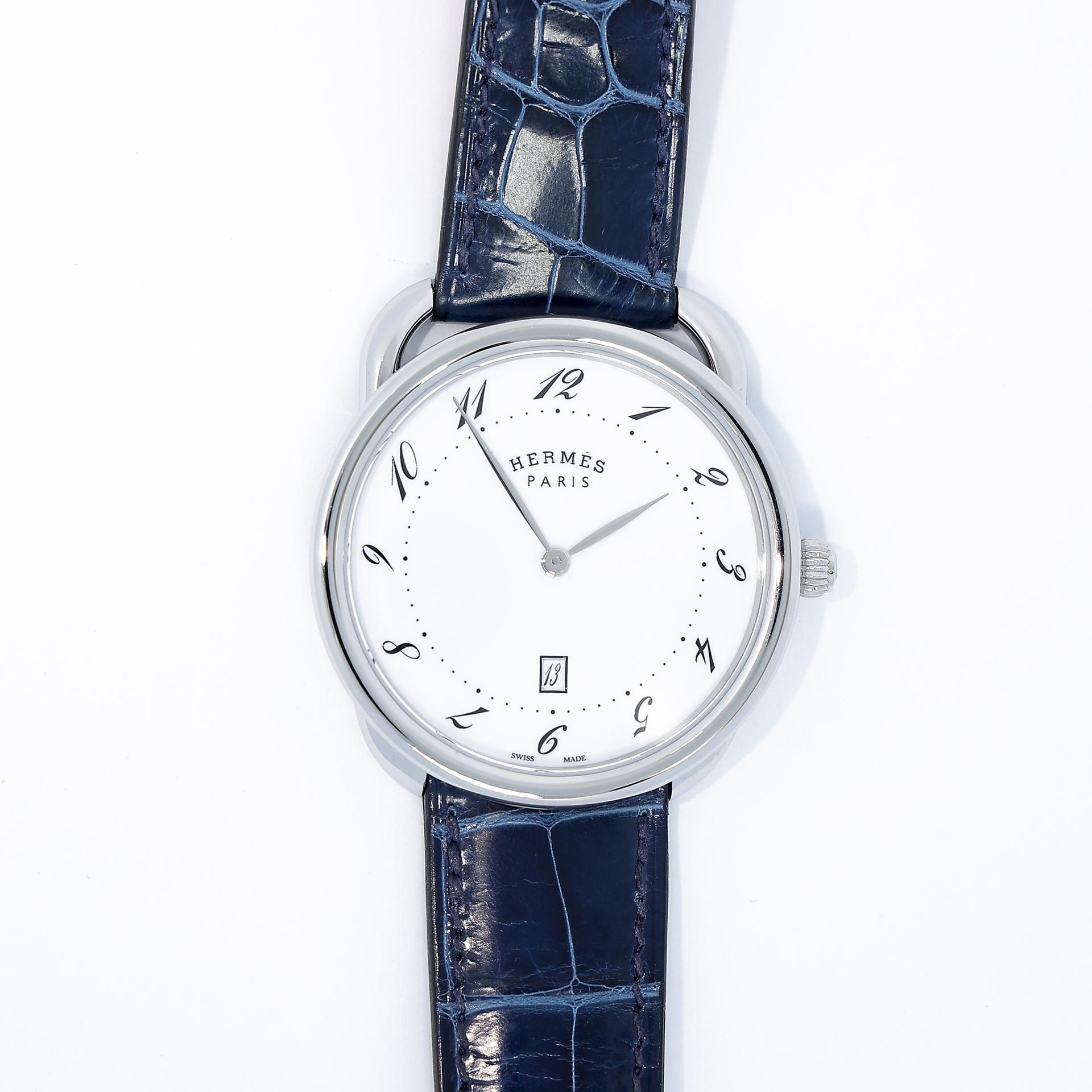 Unused ( Rank NS ) HERMÈS Arceau watch 40mm Bleu Saphir (73) Alligator Palladium hardware B (2023) - 2