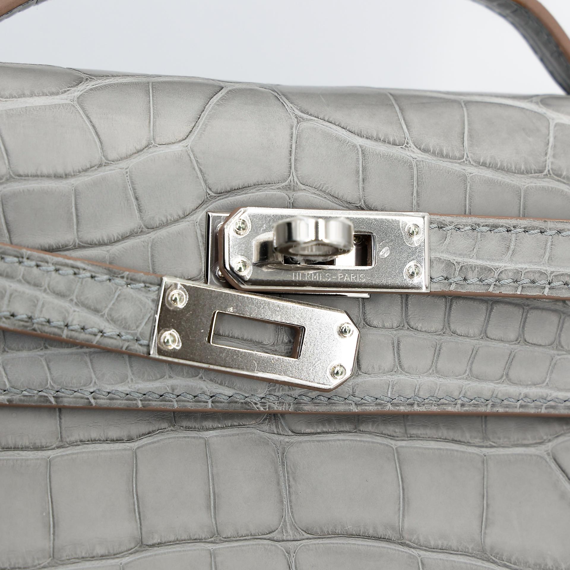 Unused ( Rank NS ) HERMÈS Kelly Pochette Gris Perle (80) Matte Alligator Palladium hardware W (2024) - 8