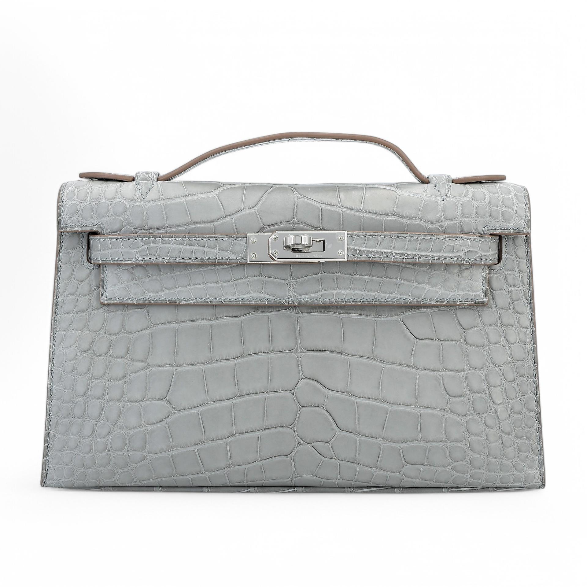 Unused ( Rank NS ) HERMÈS Kelly Pochette Gris Perle (80) Matte Alligator Palladium hardware W (2024) - 1