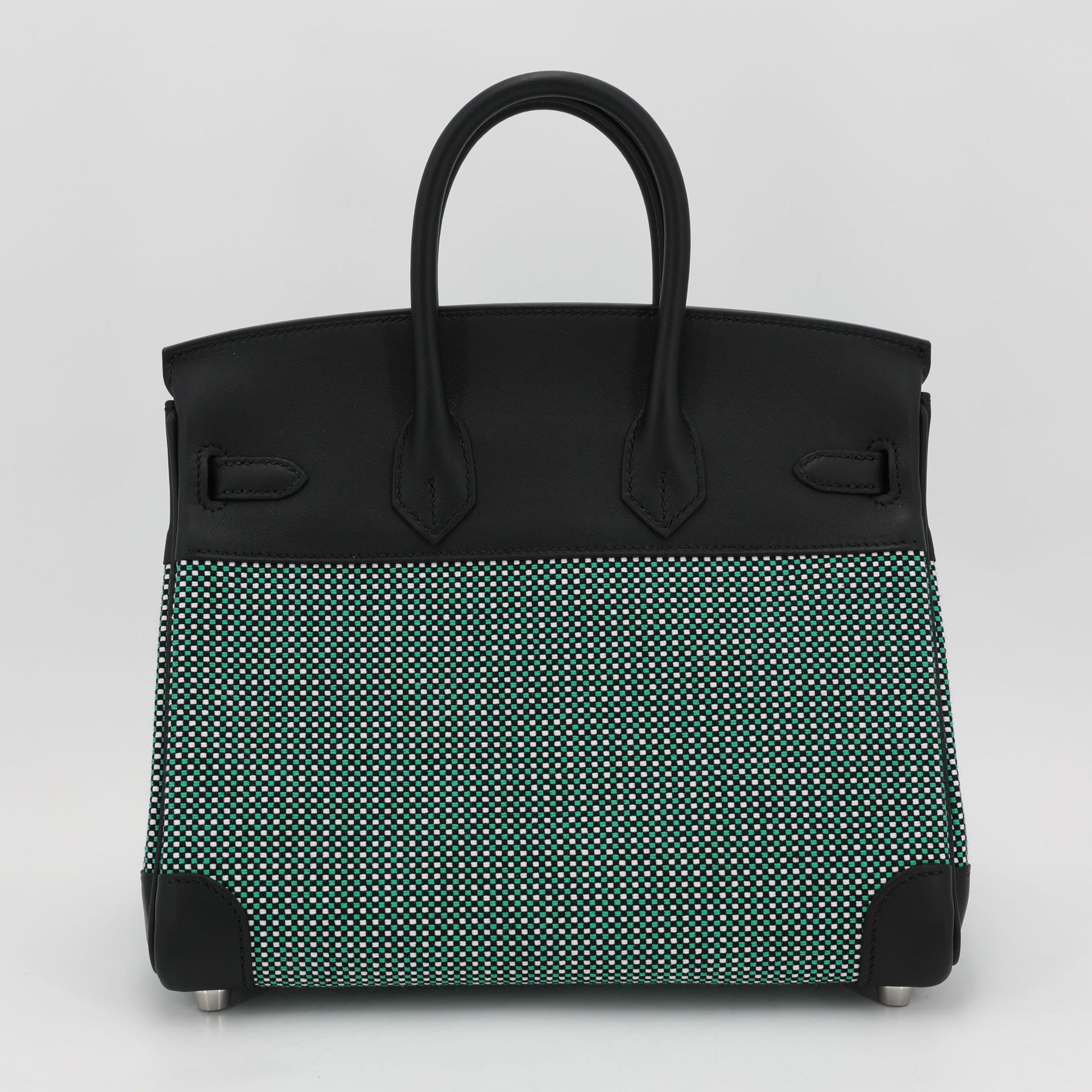 Brand New ( Rank N ) HERMÈS Birkin 25 Quadrille Menthe (6W) Black (89) Swift Toile Quadrille canvas Palladium hardware W (2024) - 2