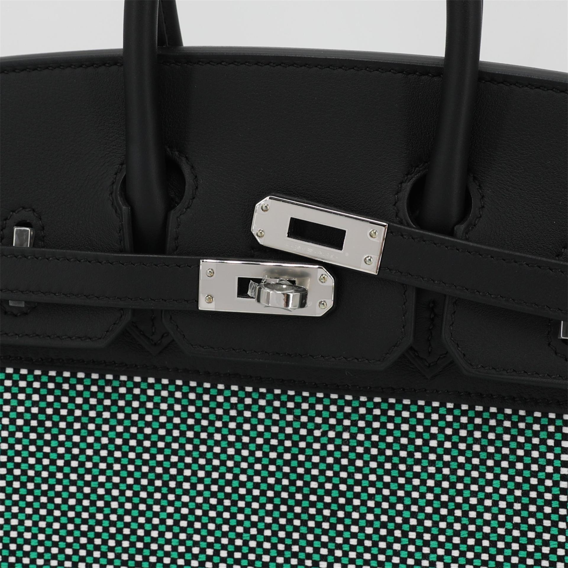 Brand New ( Rank N ) HERMÈS Birkin 25 Quadrille Menthe (6W) Black (89) Swift Toile Quadrille canvas Palladium hardware W (2024) - 8