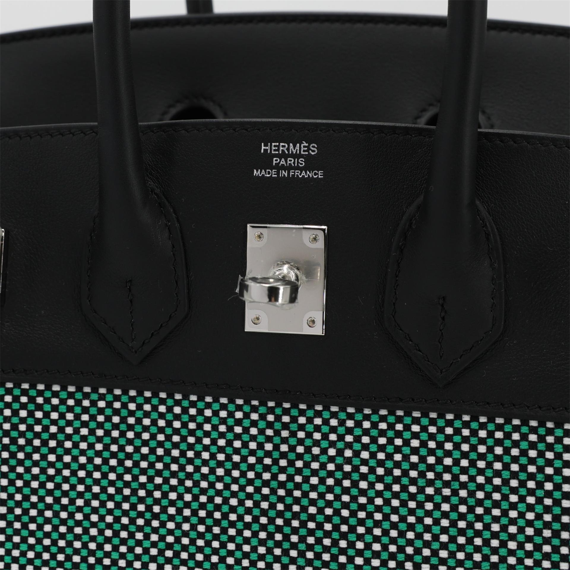 Brand New ( Rank N ) HERMÈS Birkin 25 Quadrille Menthe (6W) Black (89) Swift Toile Quadrille canvas Palladium hardware W (2024) - 9