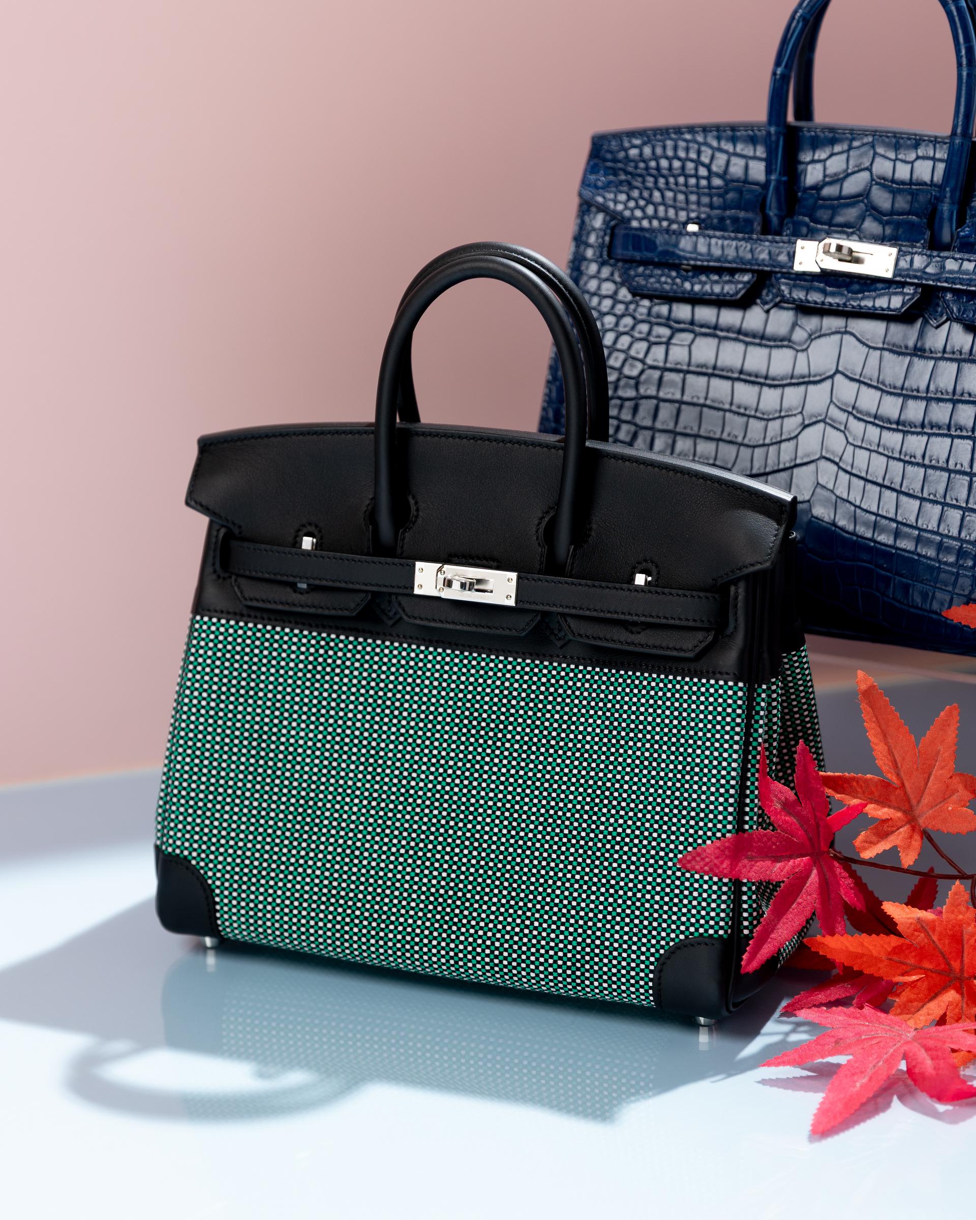 Brand New ( Rank N ) HERMÈS Birkin 25 Quadrille Menthe (6W) Black (89) Swift Toile Quadrille canvas Palladium hardware W (2024) - 15
