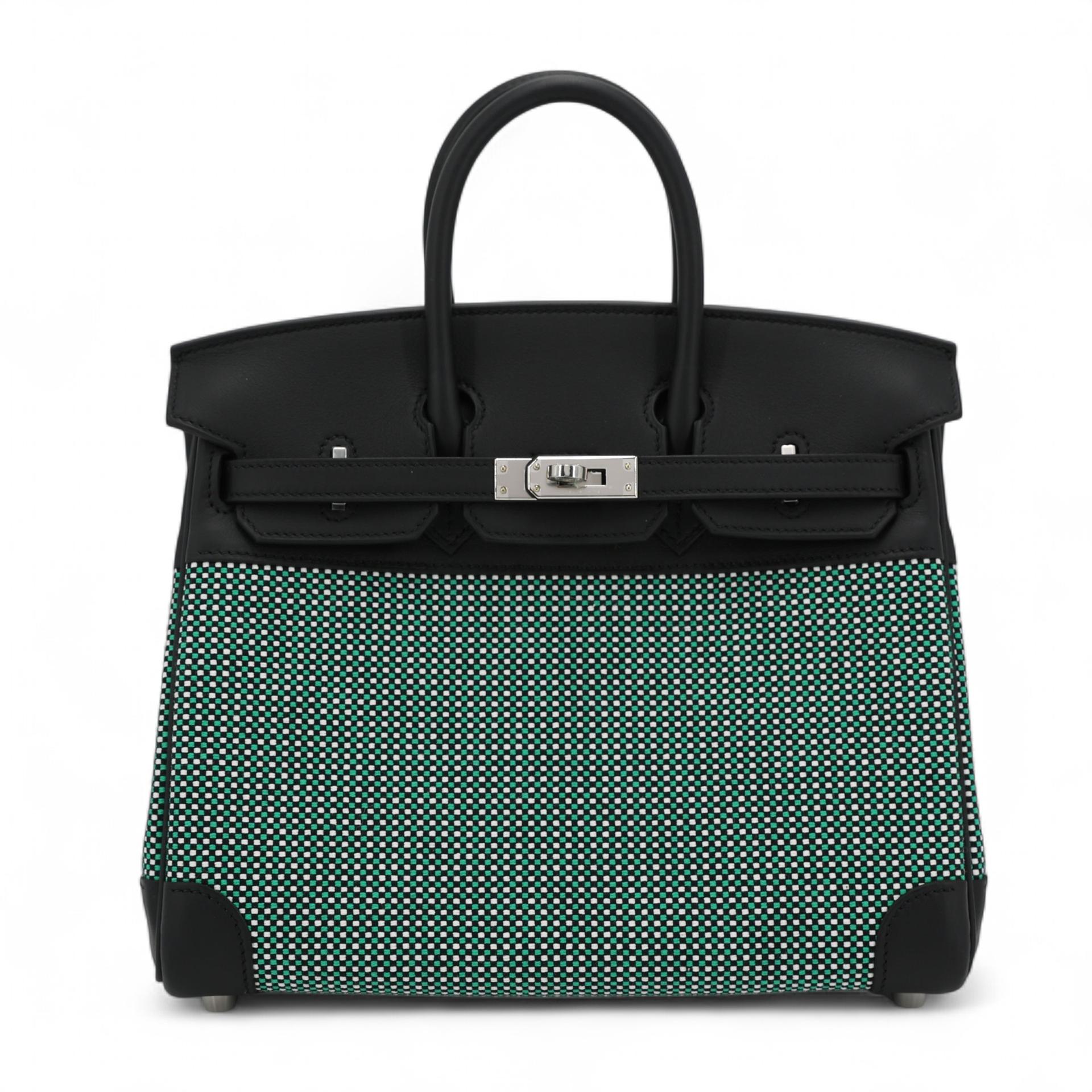Brand New ( Rank N ) HERMÈS Birkin 25 Quadrille Menthe (6W) Black (89) Swift Toile Quadrille canvas Palladium hardware W (2024) - 1