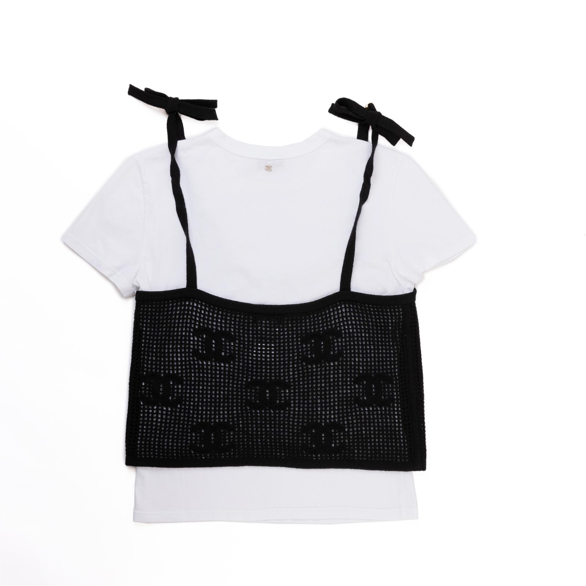 Excellent ( Rank SA ) CHANEL CHANEL CC Rhinestone Camisole Tops Black White Cotton - 2
