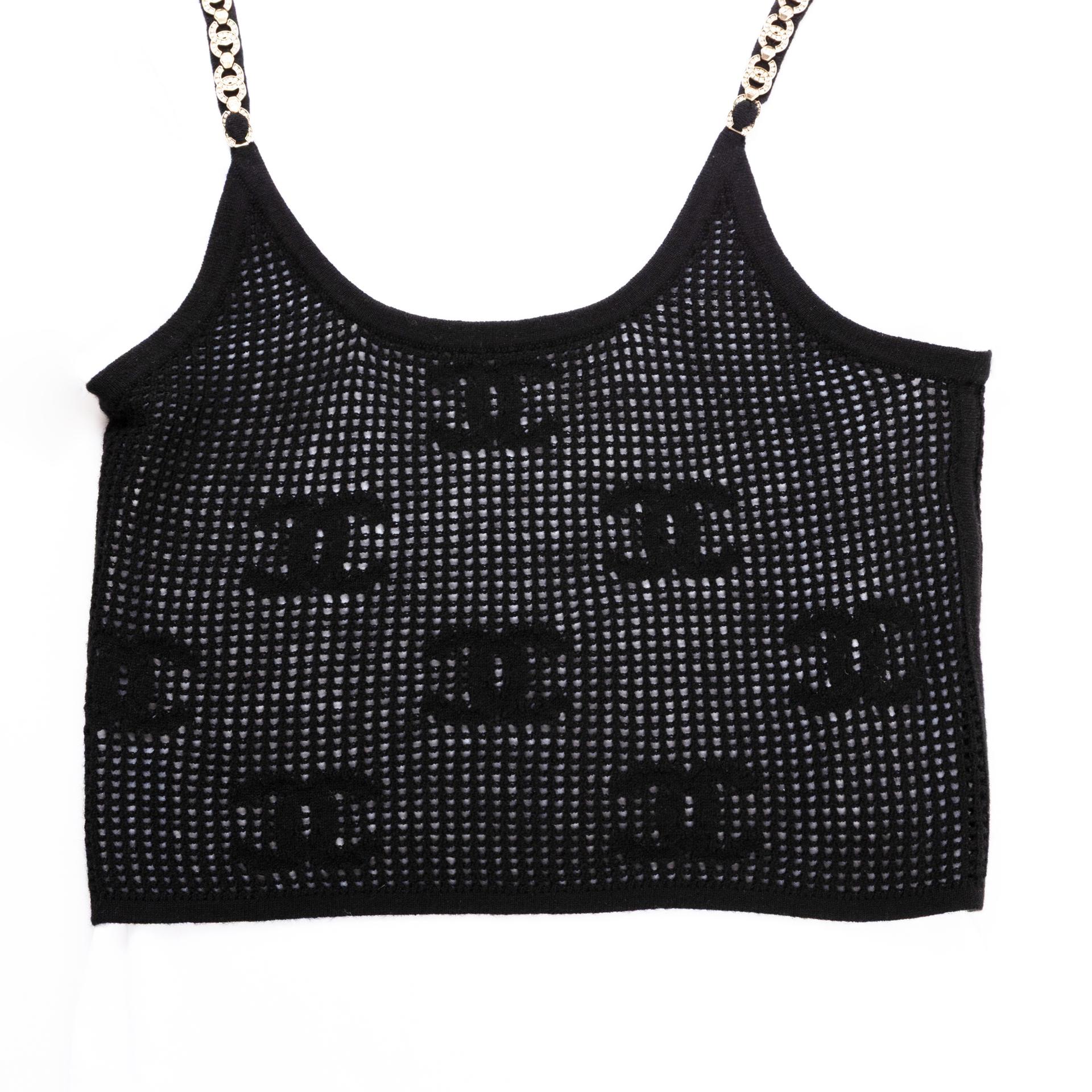 Excellent ( Rank SA ) CHANEL CHANEL CC Rhinestone Camisole Tops Black White Cotton - 6
