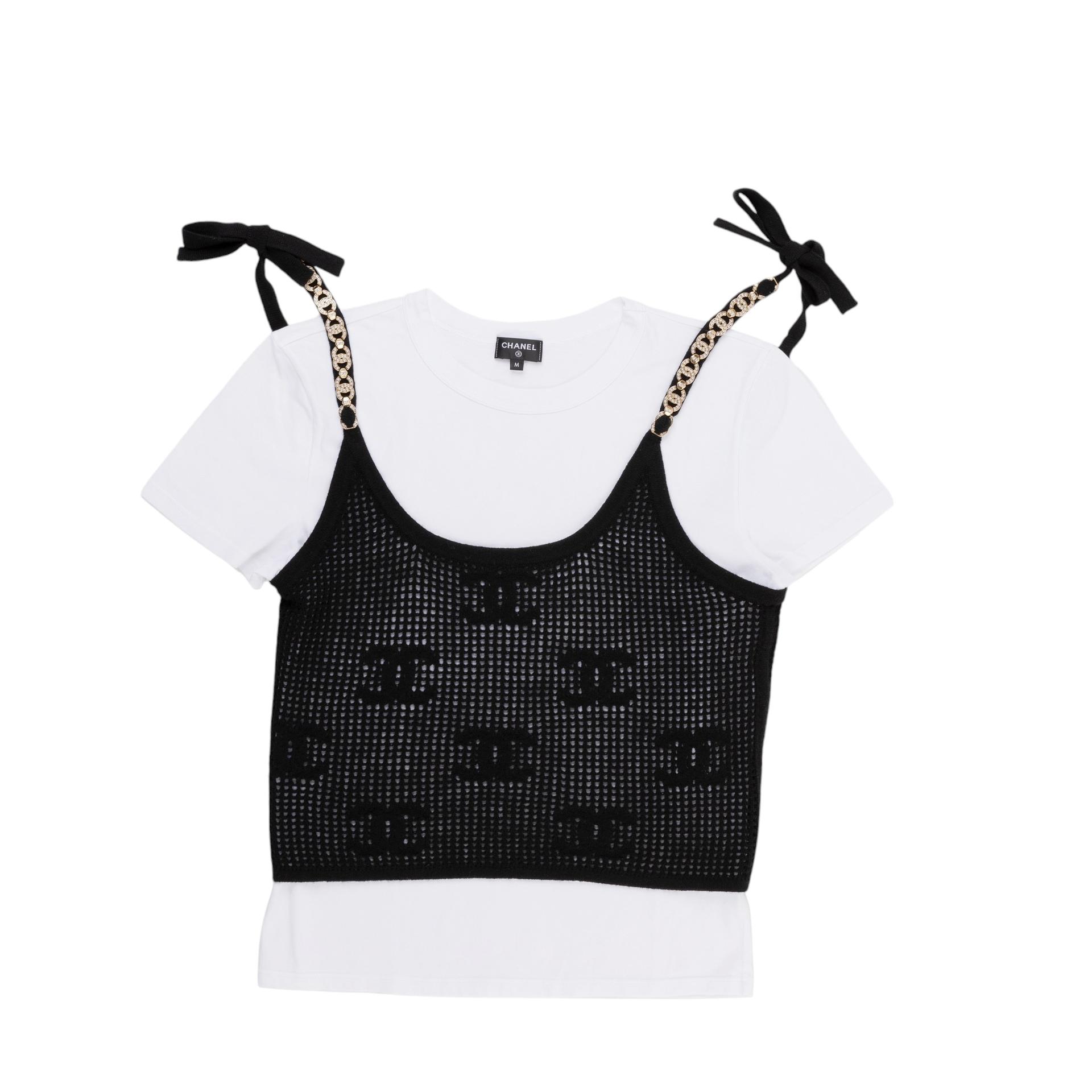 Excellent ( Rank SA ) CHANEL CHANEL CC Rhinestone Camisole Tops Black White Cotton - 1